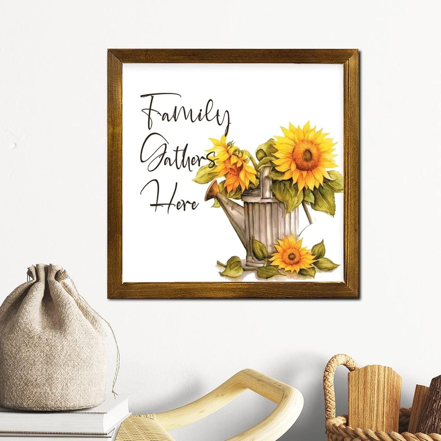 Family Gathers Here Framed Wood Sign 12x12 Inch