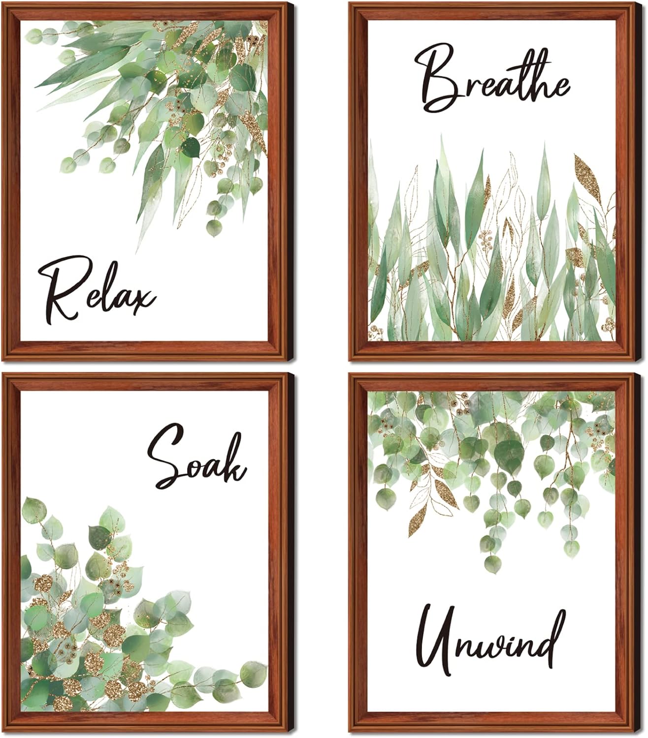 4 Piece Bathroom Wall Decor Boho Leaf Print Wooden Signs