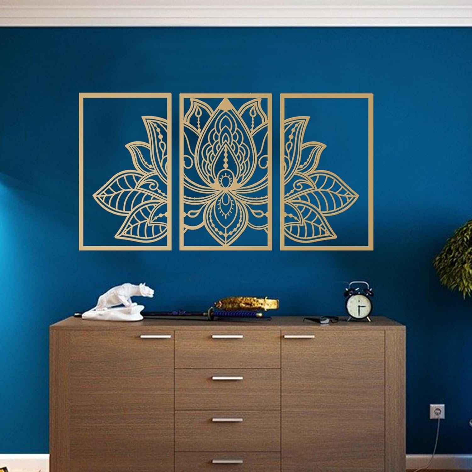 ESTART 3 Pcs Lotus Flower Metal Wall Art Decor Gold