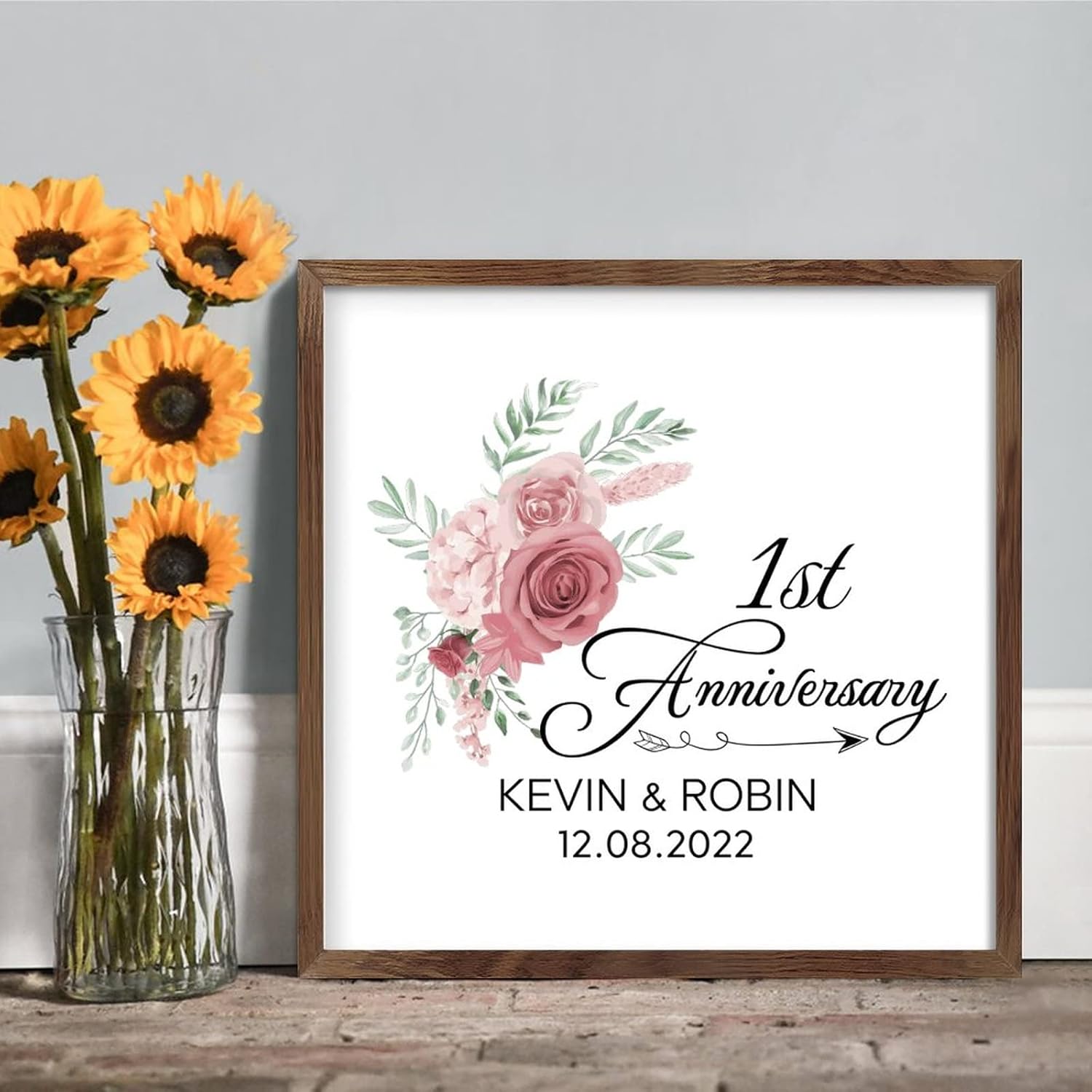 Pink Rose 1st Anniversary Framed Wood Sign Home Decor
