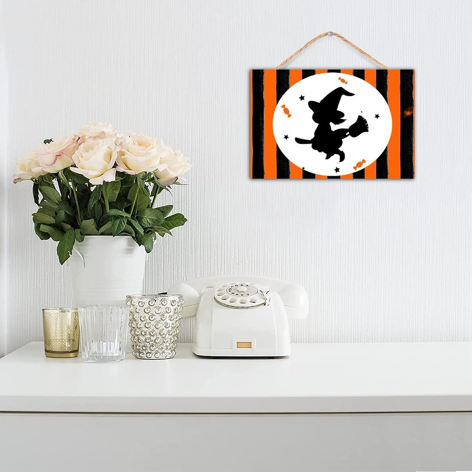 TEANFUN Halloween Wooden Sign Witch Hat Decor