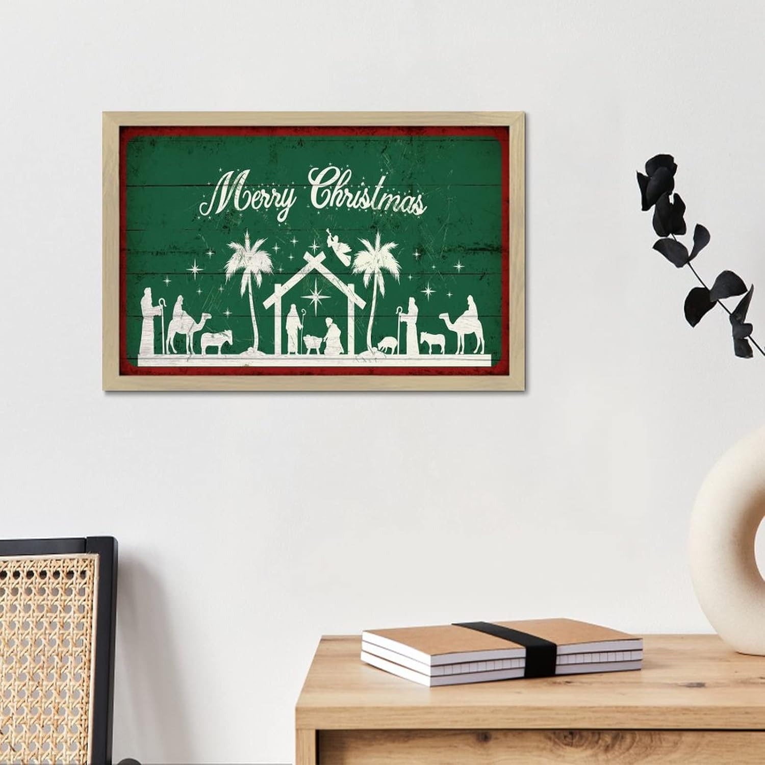 Merry Christmas Wall Art Framed Wooden Sign Retro Decor