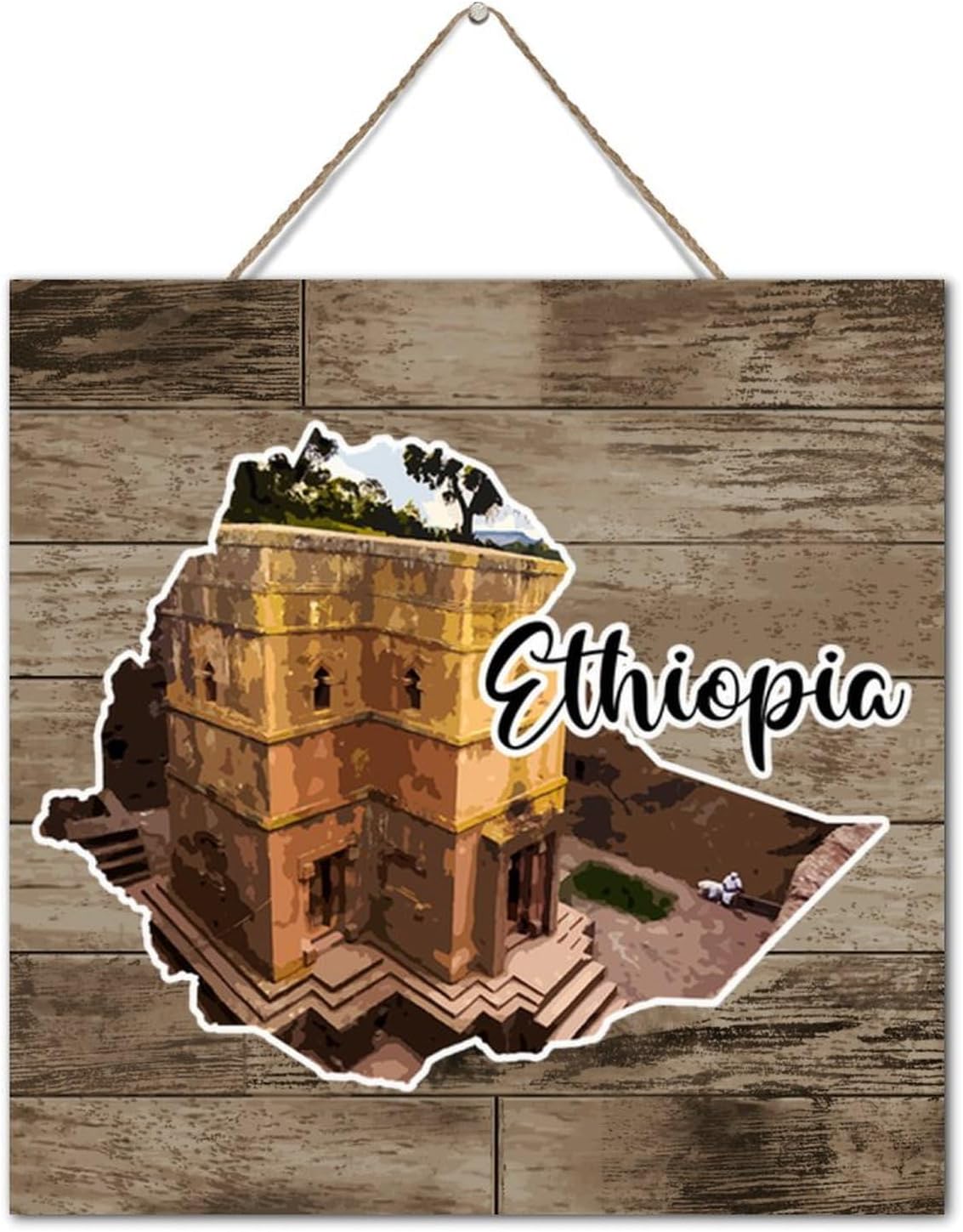 Ethiopia Wood Wall Art Decorative Sign 12x12 Inch