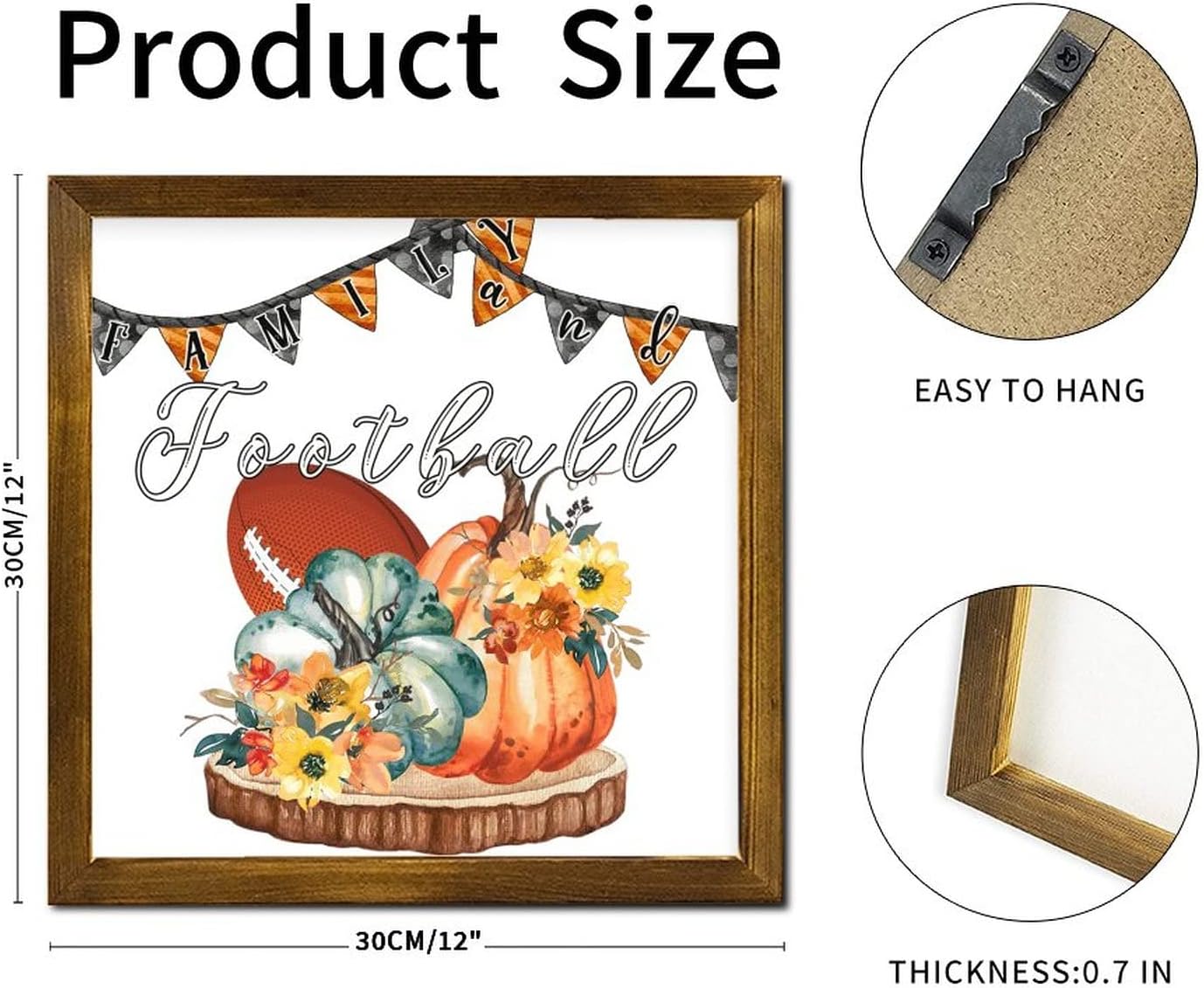 Family and Football Framed Wooden Sign 12x12 Inch