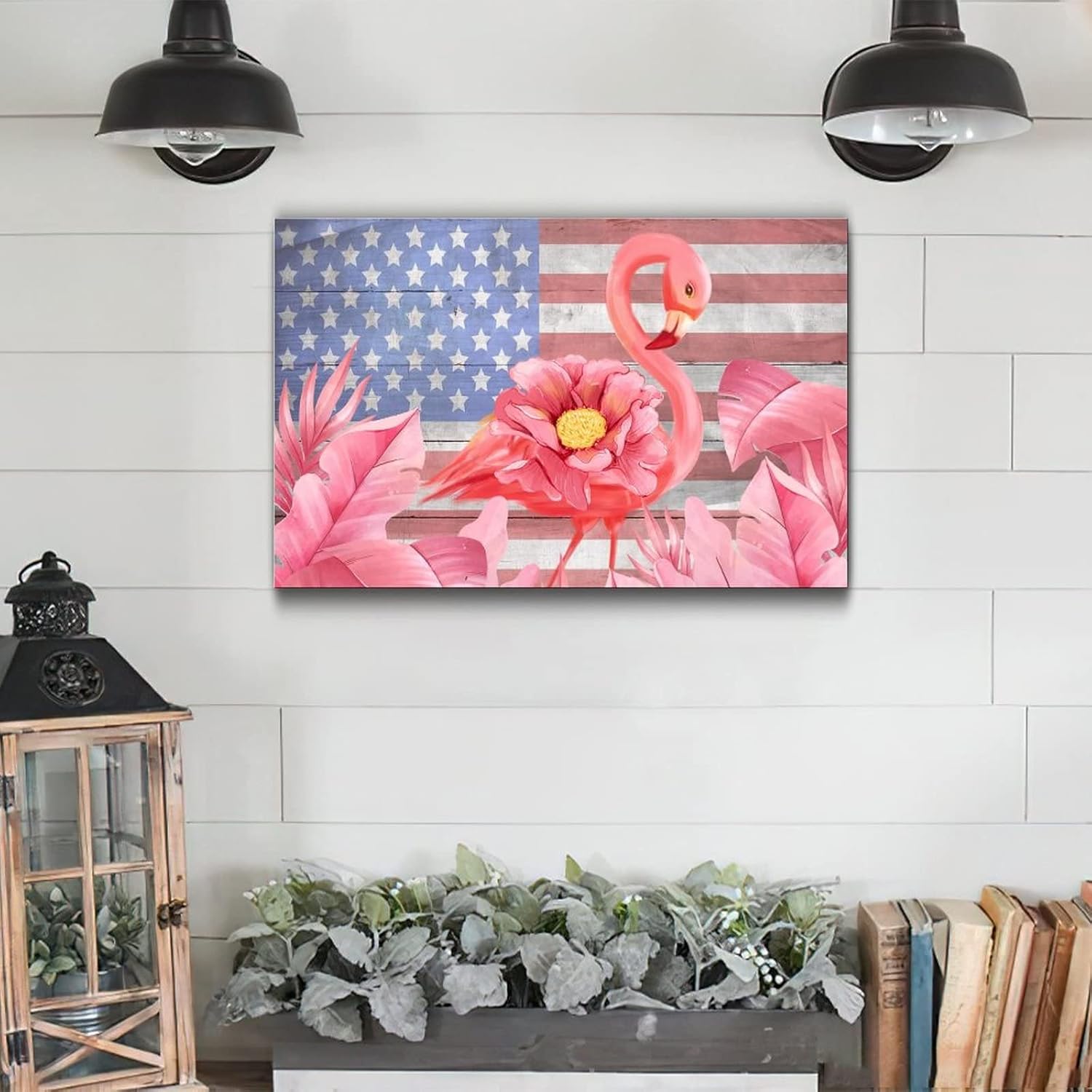 Pink Flamingo Flower 4th of July Wooden Sign
