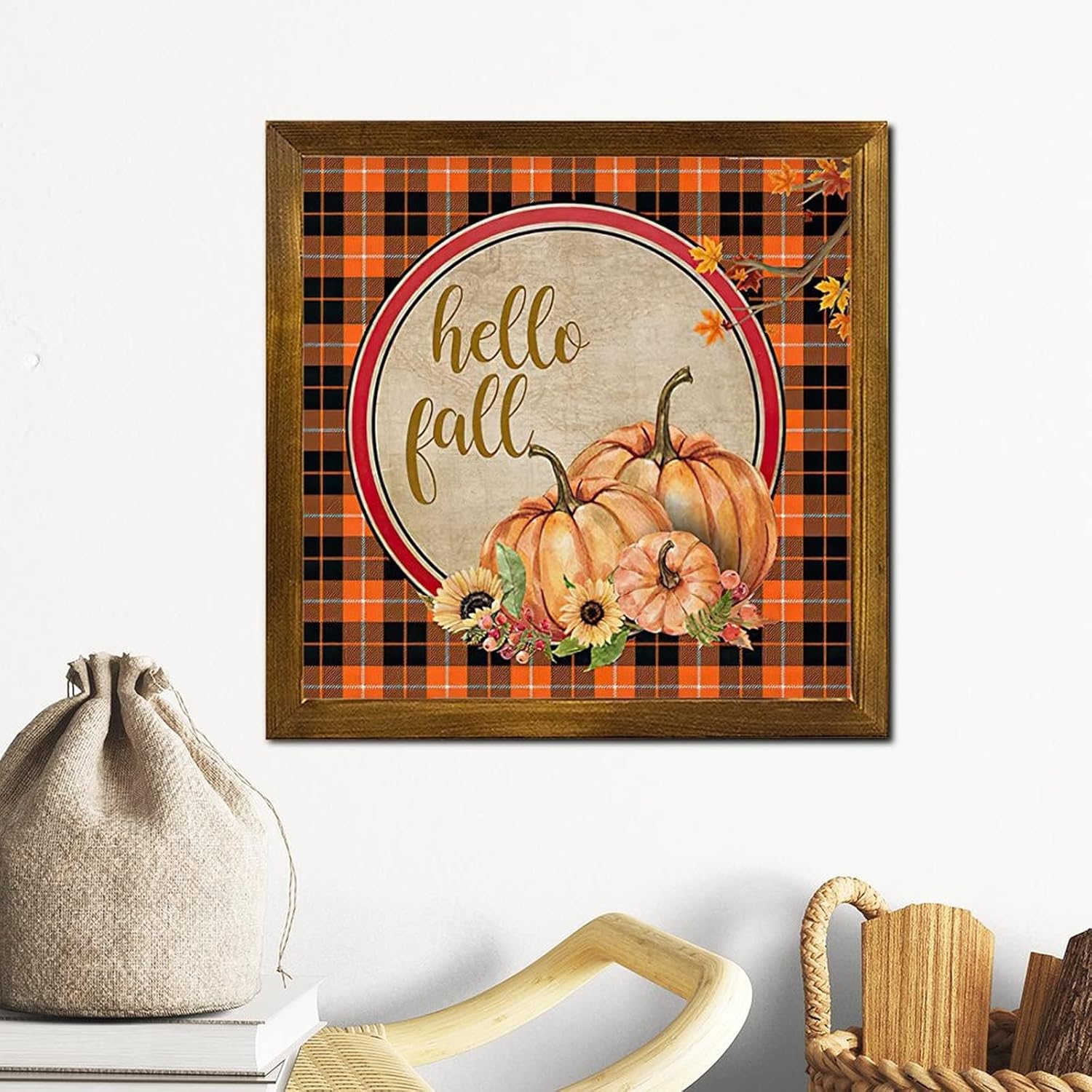 Hello Fall Buffalo Plaid Pumpkin Framed Wood Sign 12x12