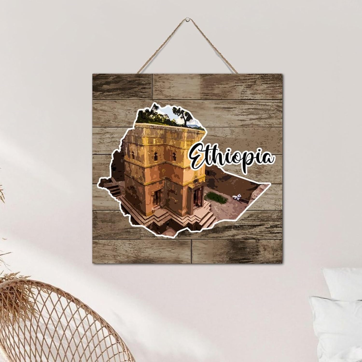 Ethiopia Wood Wall Art Decorative Sign 12x12 Inch