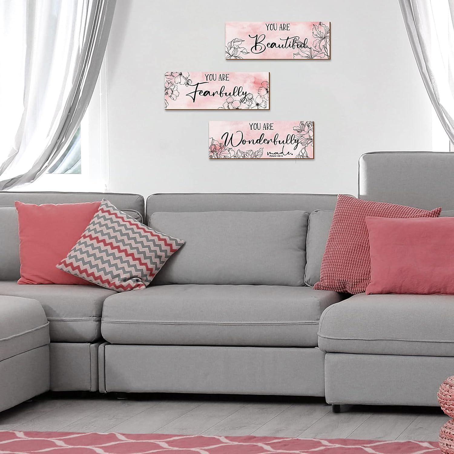 Yookeer 3 Pcs Pink Floral Wall Decor Set