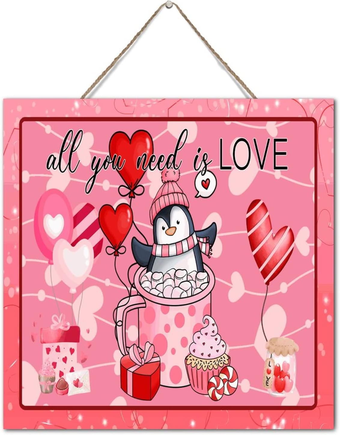 Autravelco Cute Penguin Valentines Day Wooden Sign