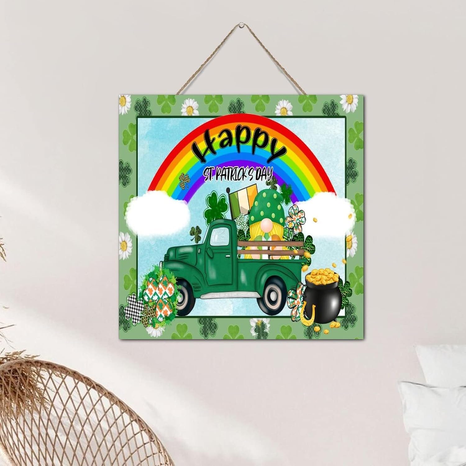 St Patricks Day Green Shamrock Gnomes Wall Decor Sign