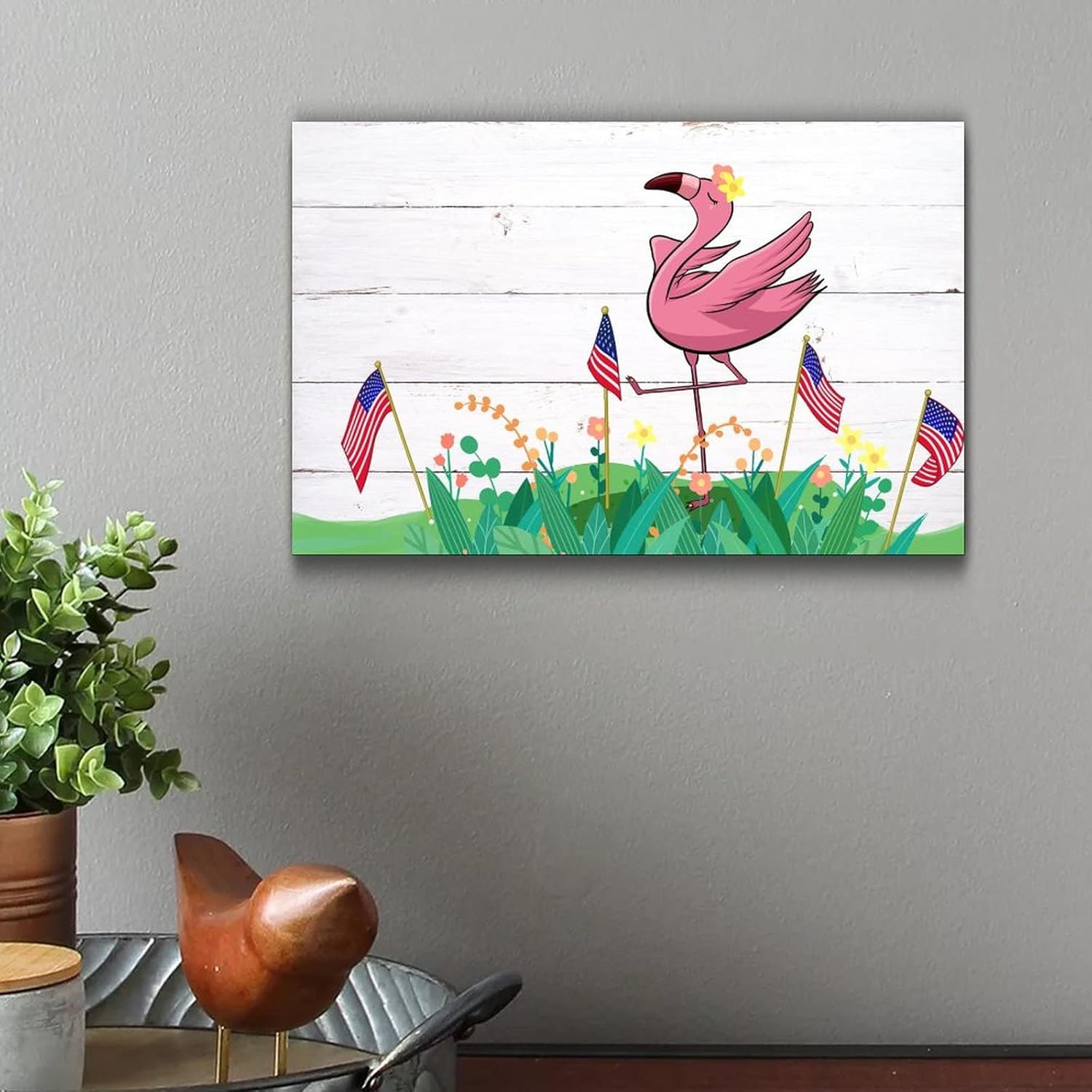 Pink Flamingo Fourth of July Wooden Decor 12x16in