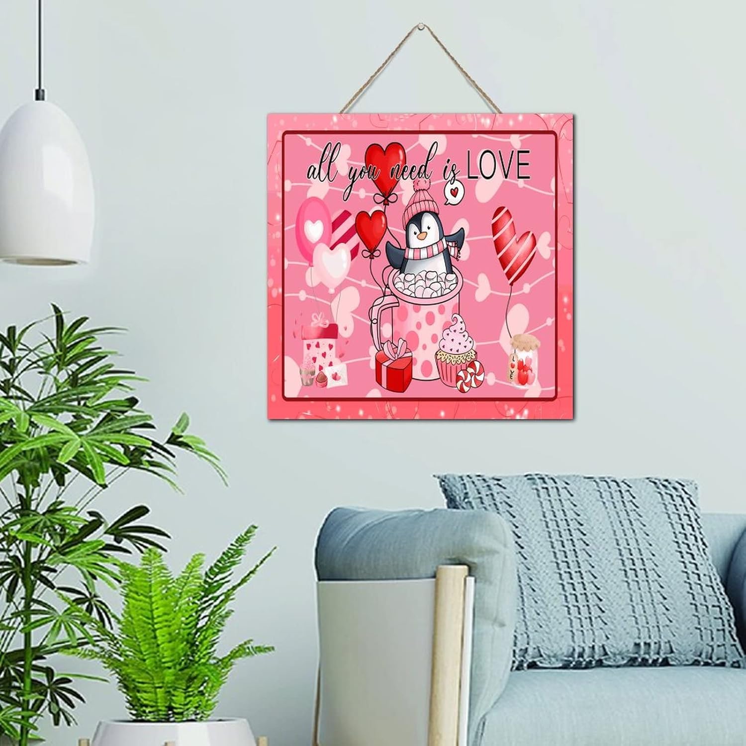 Autravelco Cute Penguin Valentines Day Wooden Sign