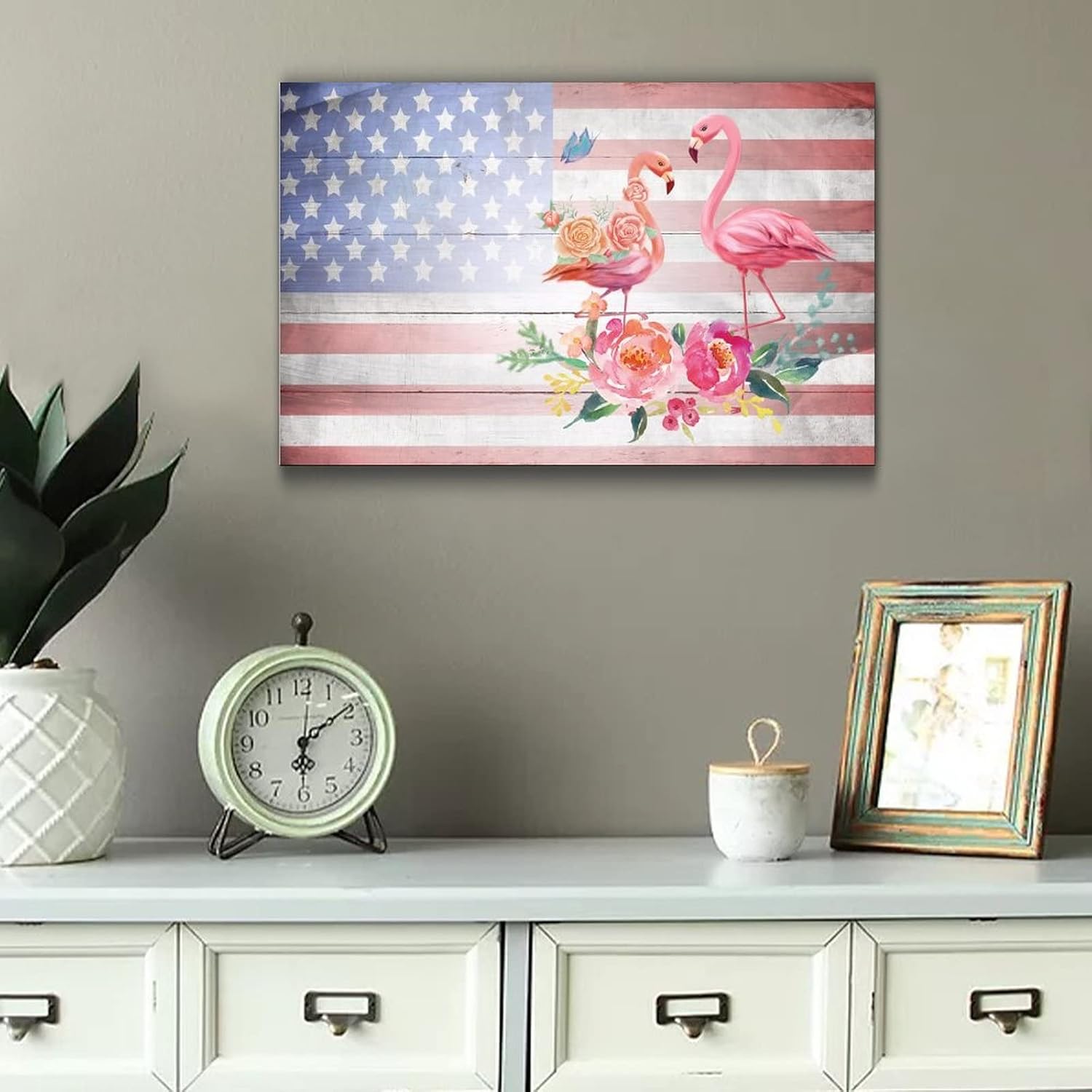 Wooden Fourth of July Flag Flamingo Wall Decor Sign