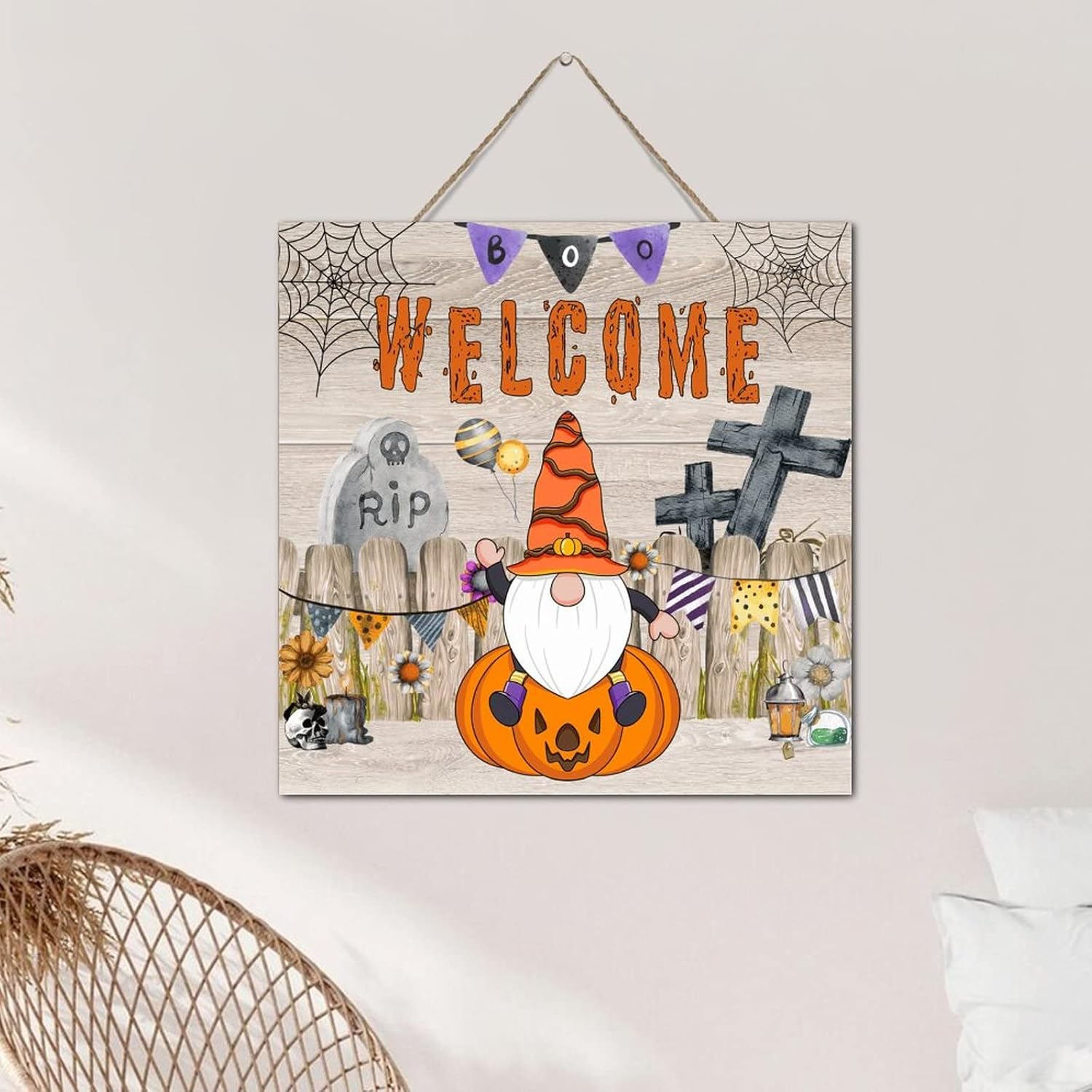 Autravelco Halloween Spooky Boo Wall Sign 12x12 Inch Wood Plaque with Sayings
