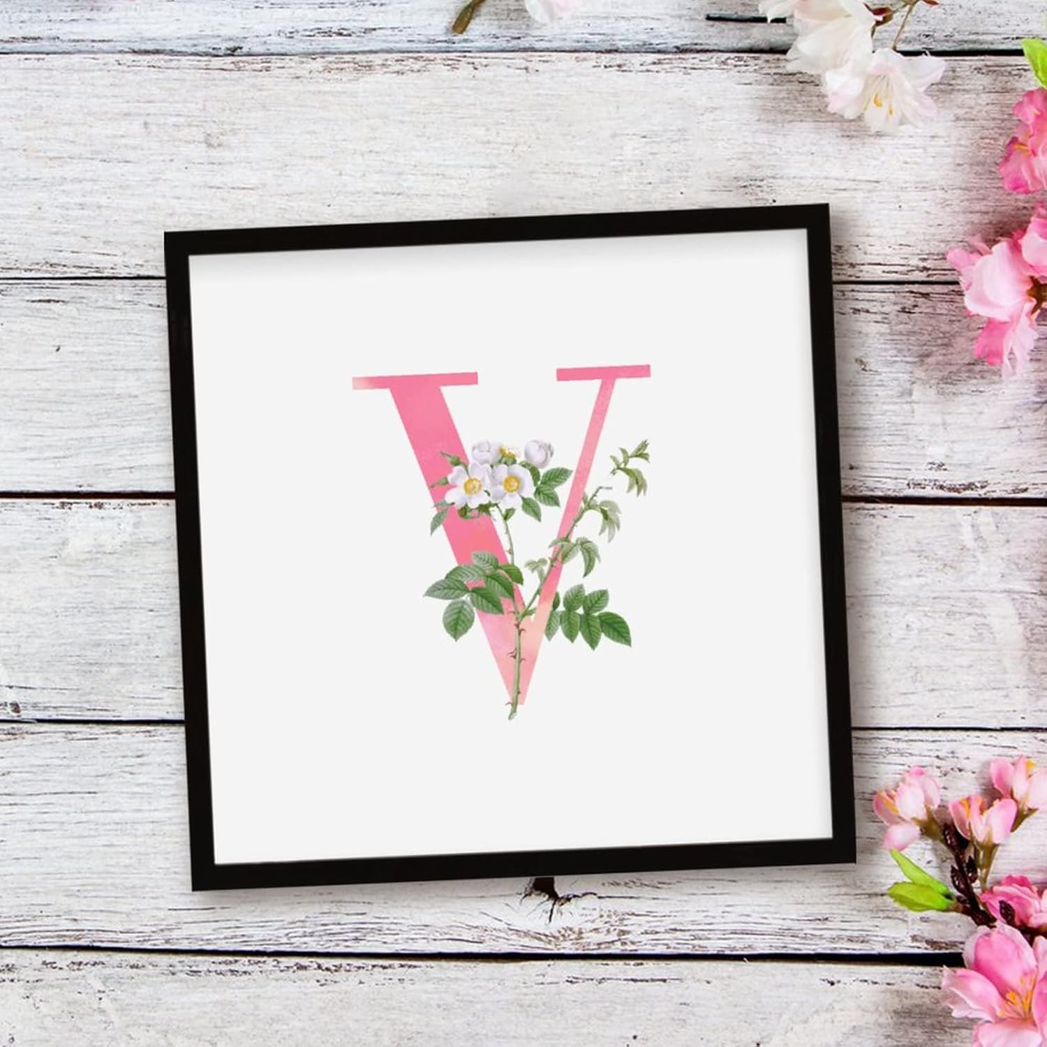 White Flower Pink Letter V Black Framed Wood Wall Sign