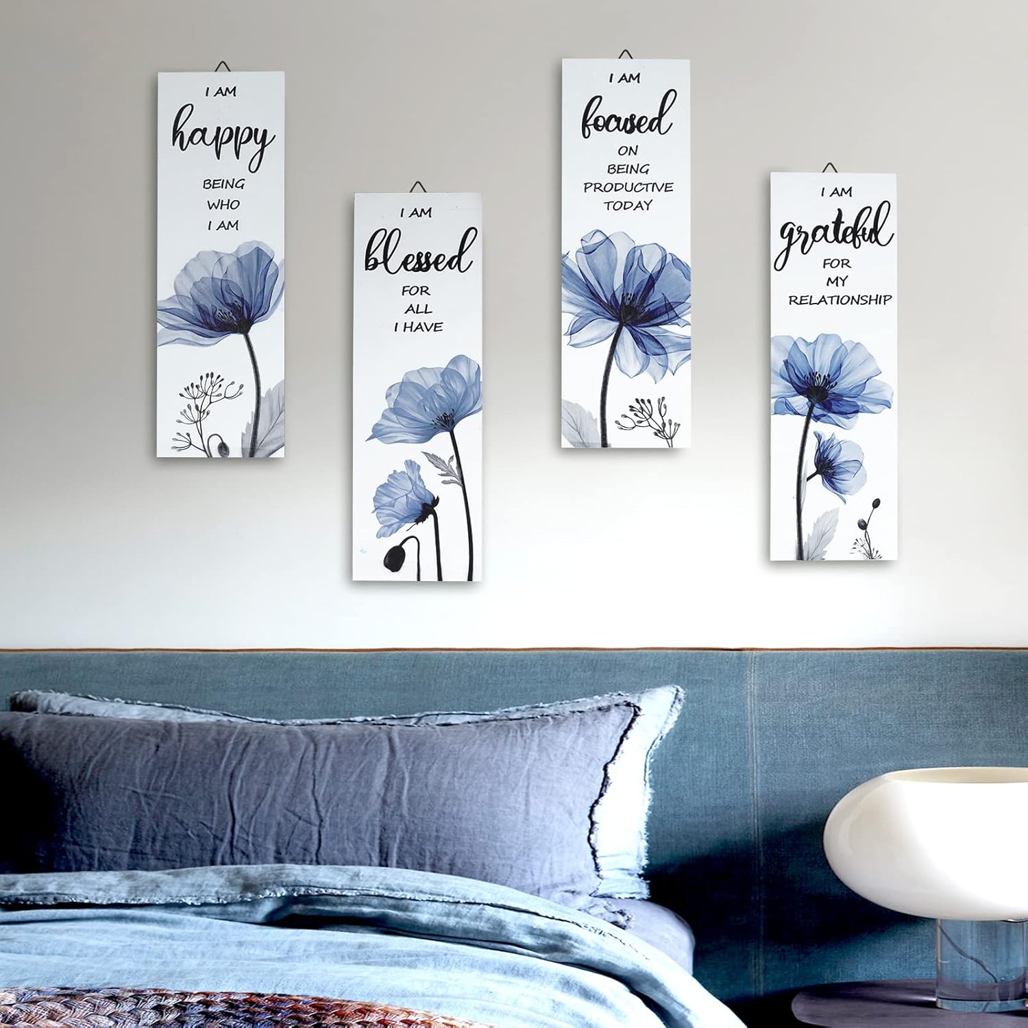 Decalmile 4 Piece Blue Flower Wooden Wall Sign Set