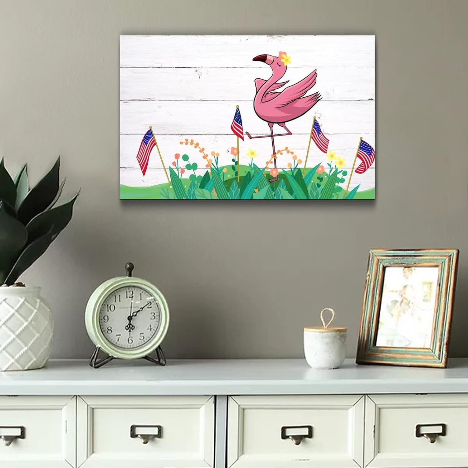 Pink Flamingo Fourth of July Wooden Decor 12x16in