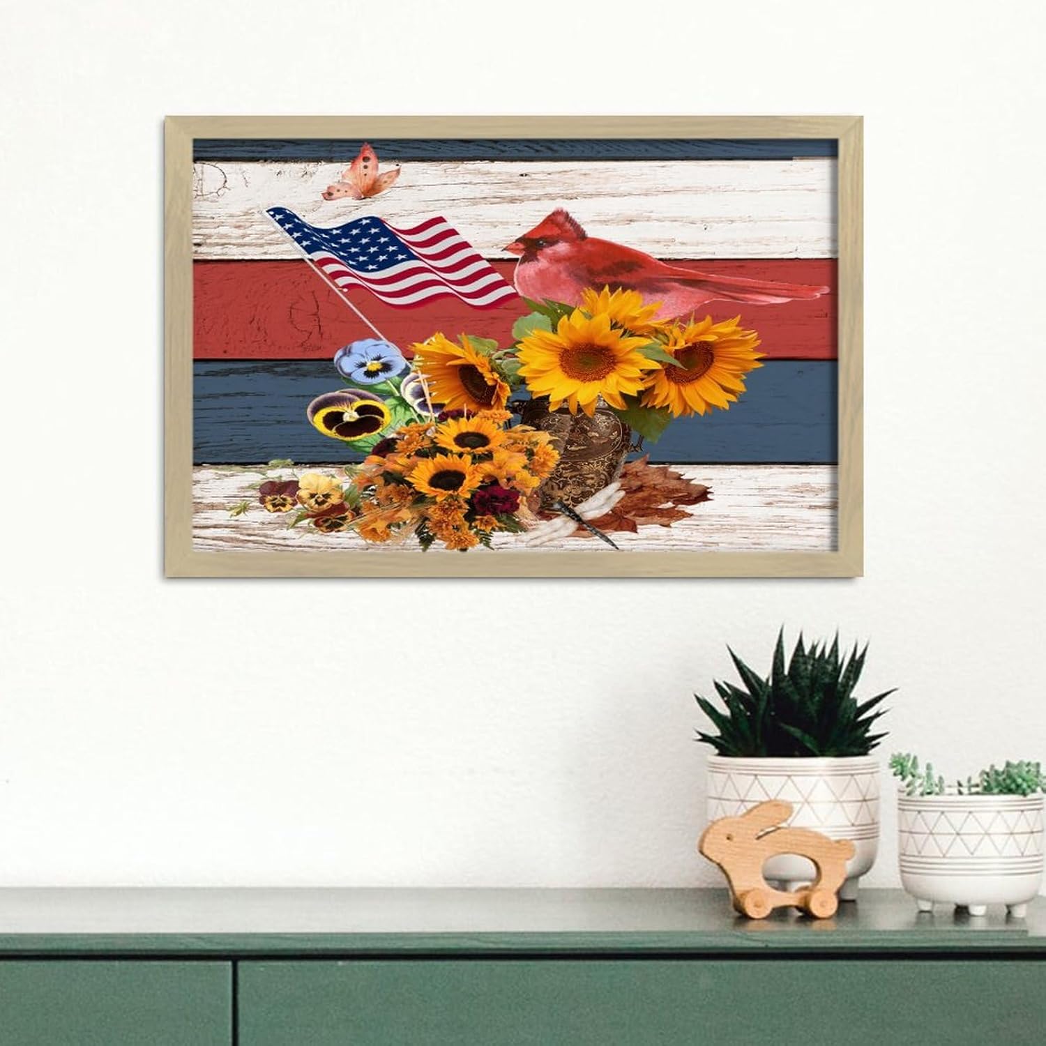 4th of July Patriotic Sunflower Cardinal Framed Wooden Sign 8x12in