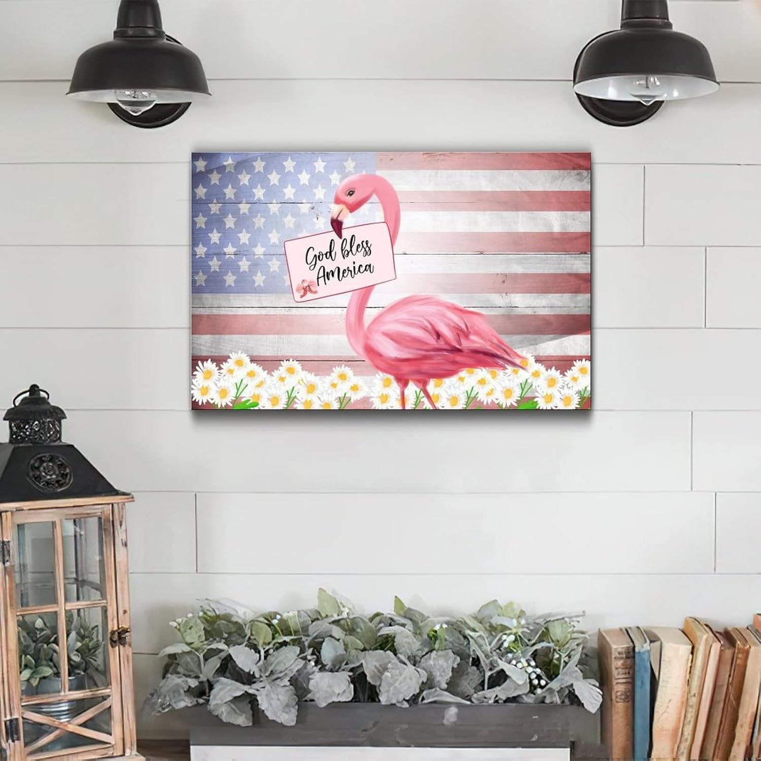 Patriotic Wooden Plaque with America Flag and Pink Flamingo Design