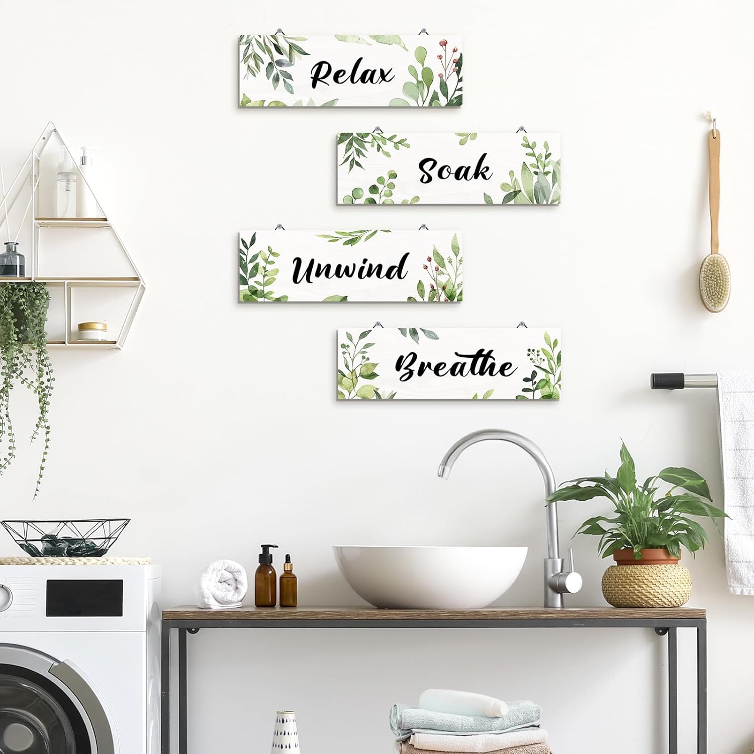 Decalmile 4 Piece Green Leaf Wooden Wall Art Decor