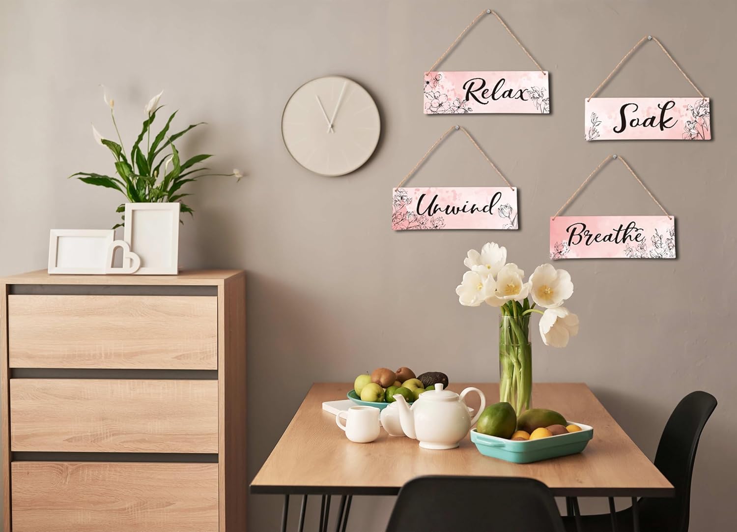 4 Piece Pink Wooden Wall Sign With Rope Decor