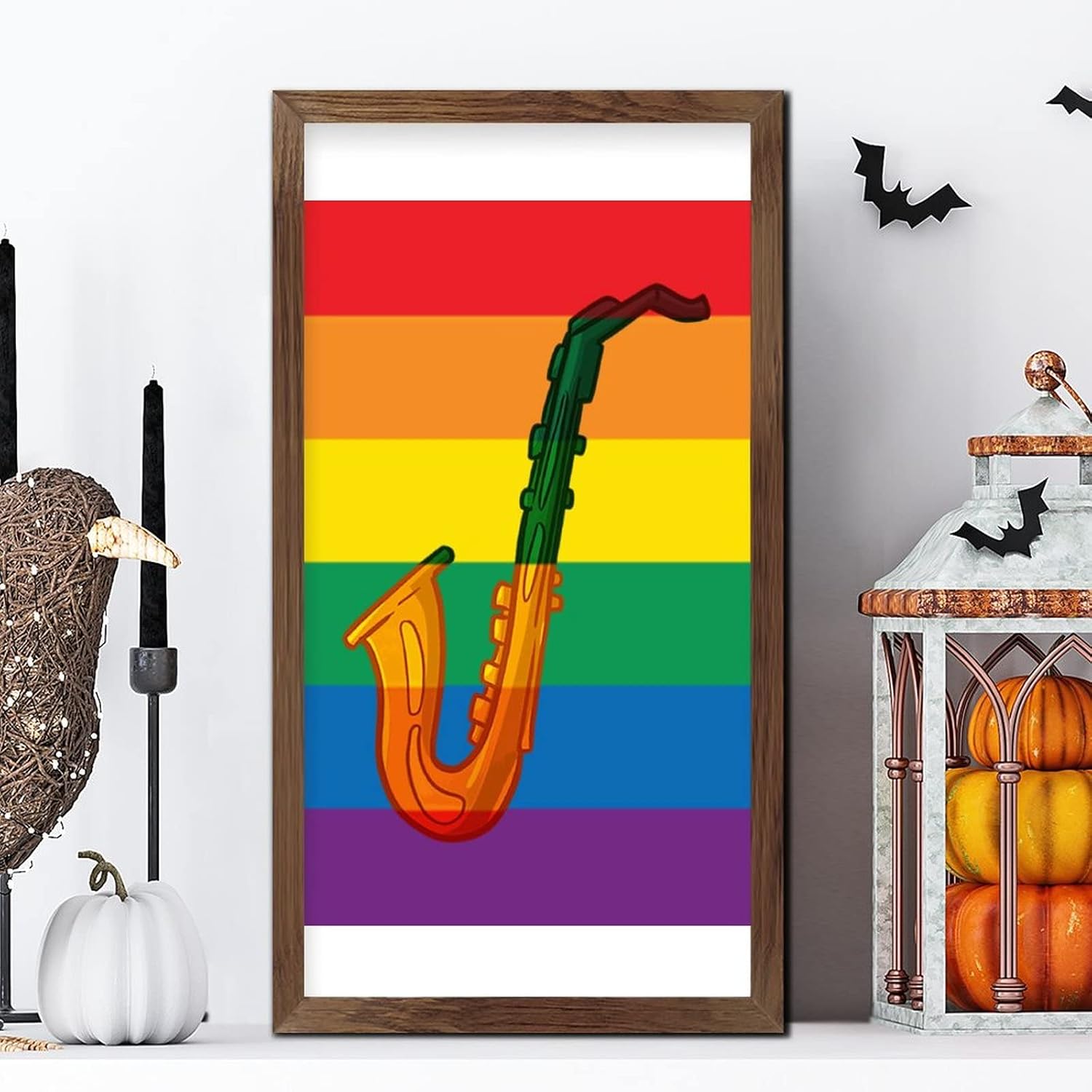 Rainbow Saxophone Wood Framed Wall Sign 22x12 In