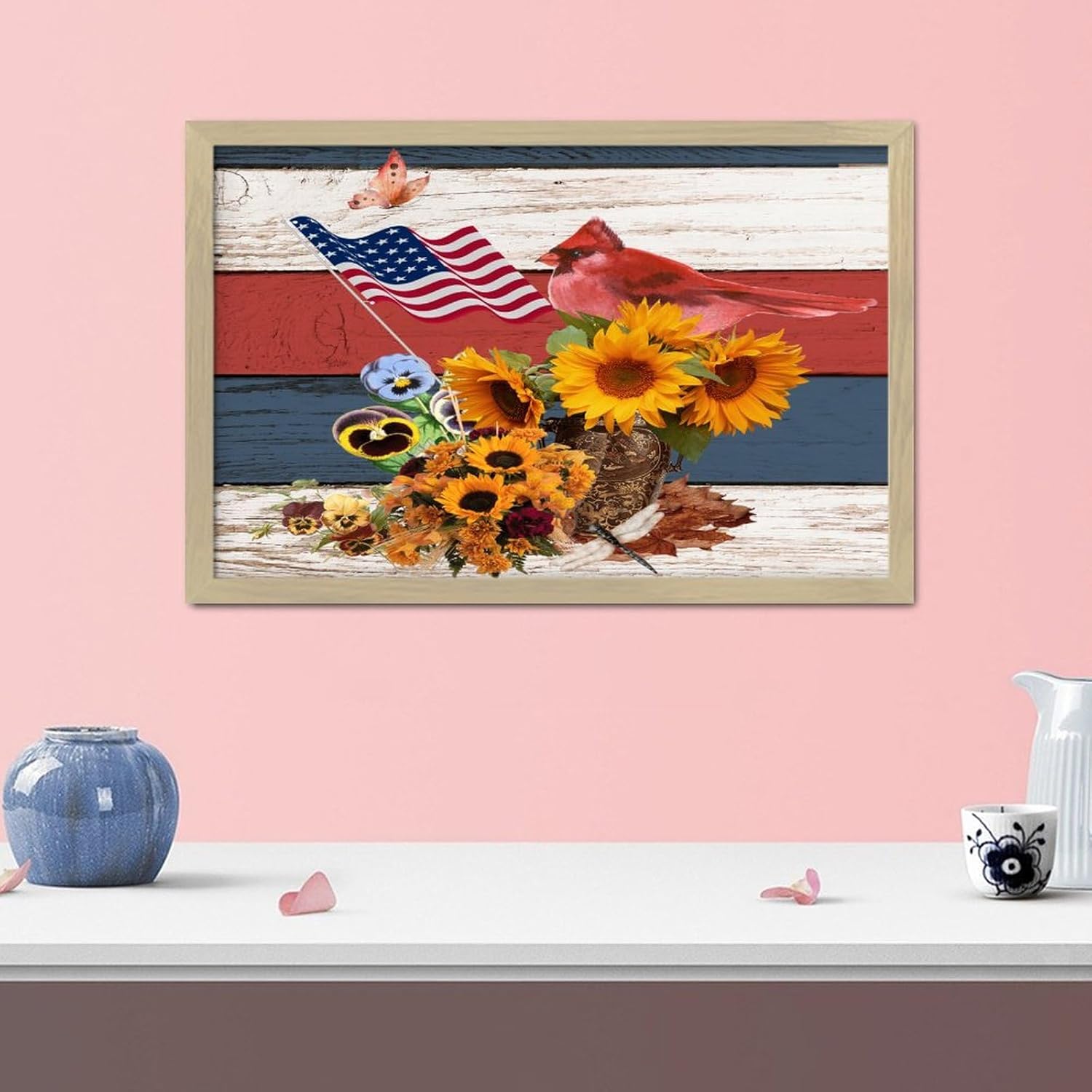 4th of July Patriotic Sunflower Cardinal Framed Wooden Sign 8x12in
