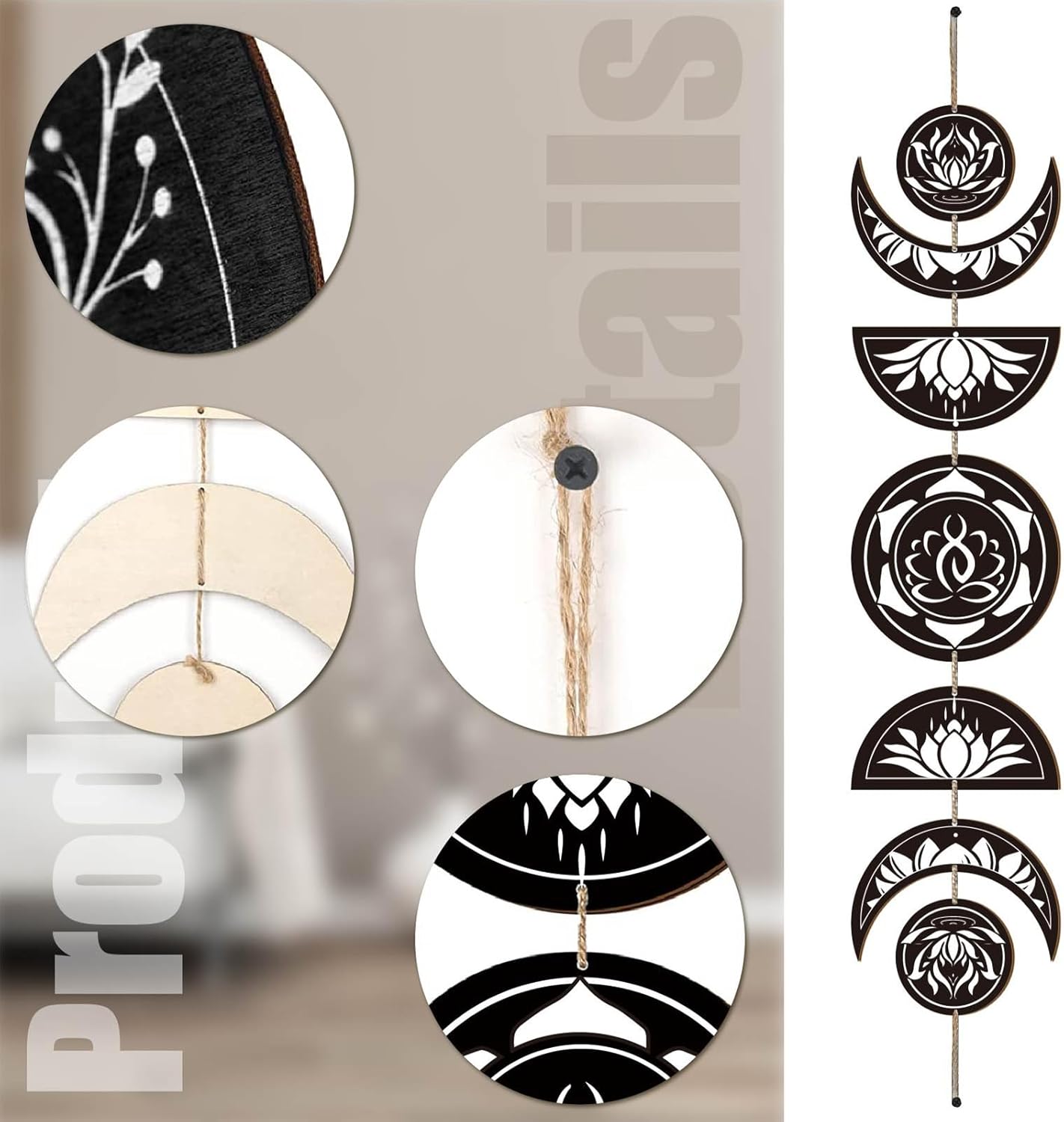7pcs Moon Phase Wall Hanging Set Boho Decor Wooden Art