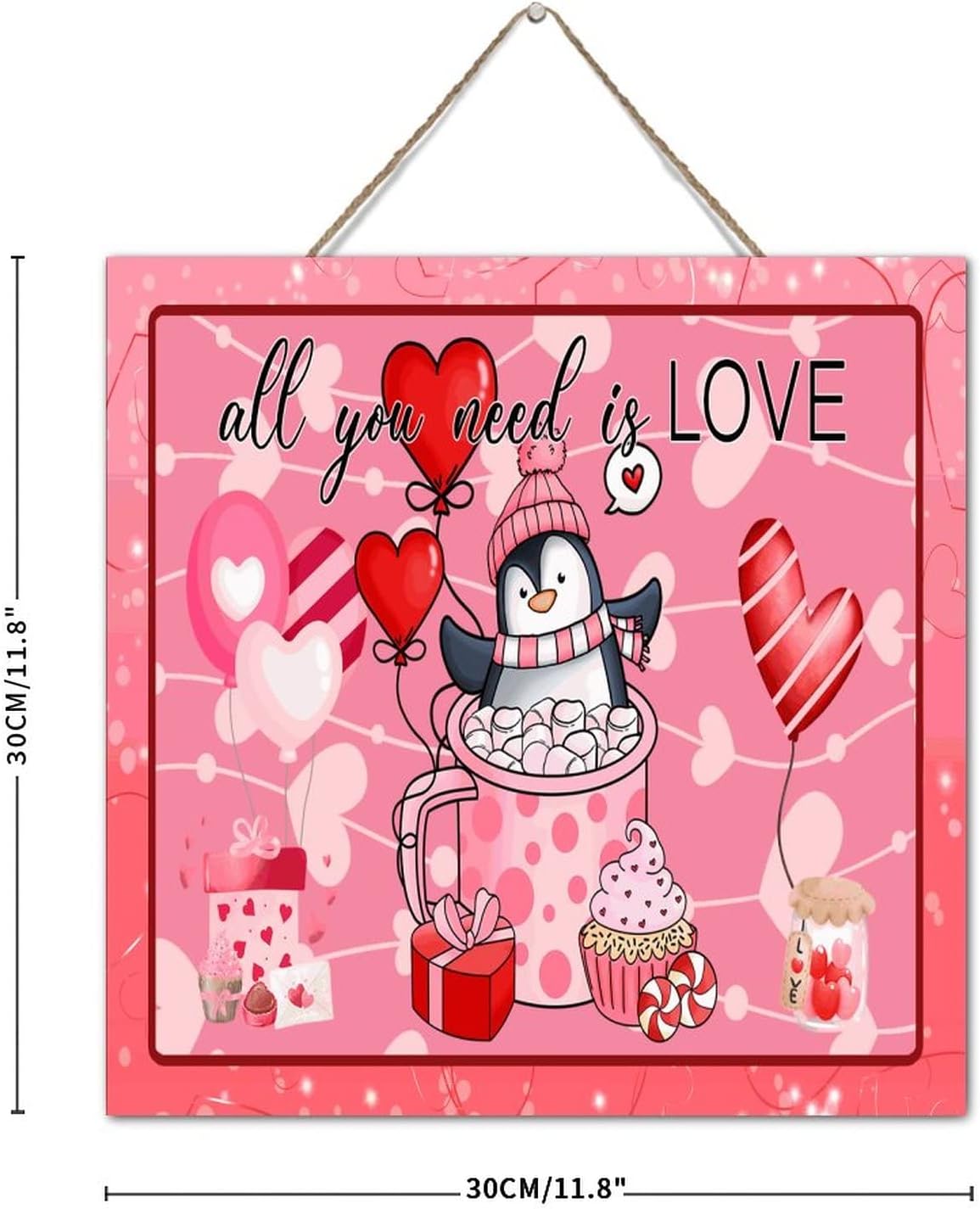 Autravelco Cute Penguin Valentines Day Wooden Sign