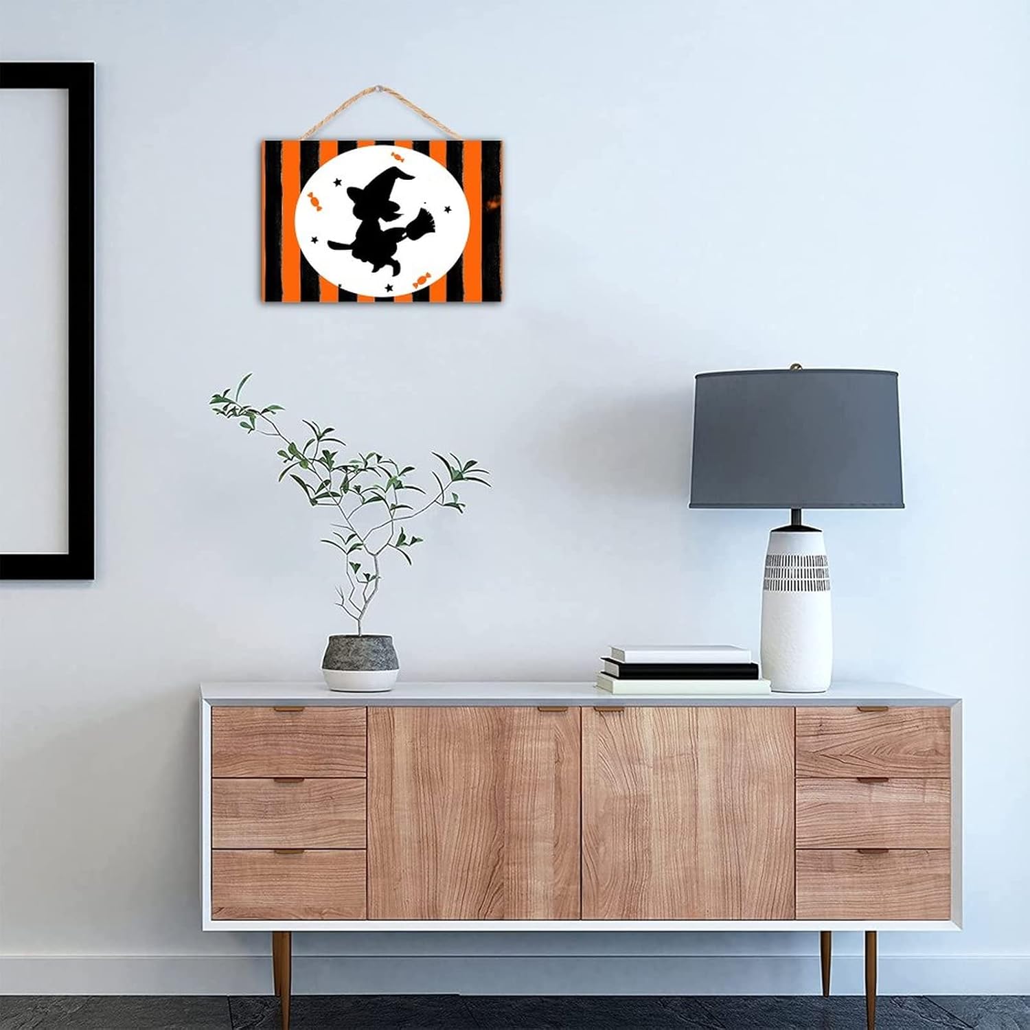 TEANFUN Halloween Wooden Sign Witch Hat Decor