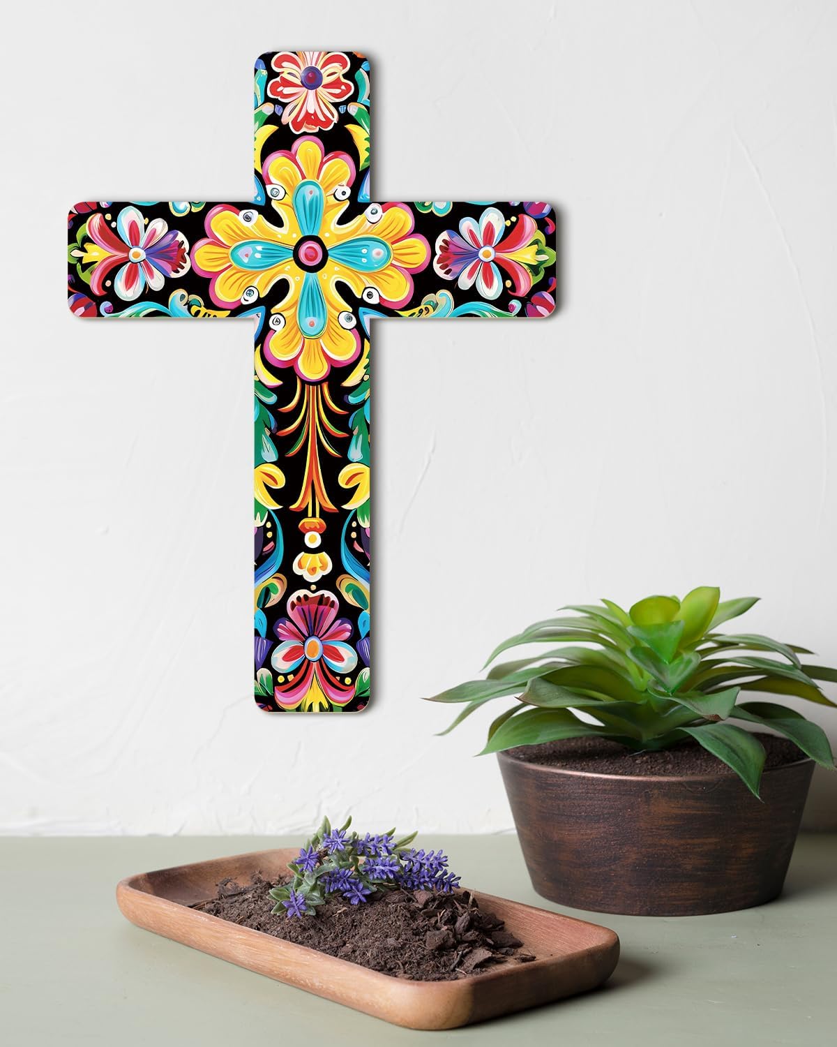 Putuo Decor Mexican Art Wall Cross Decor Orange Flower