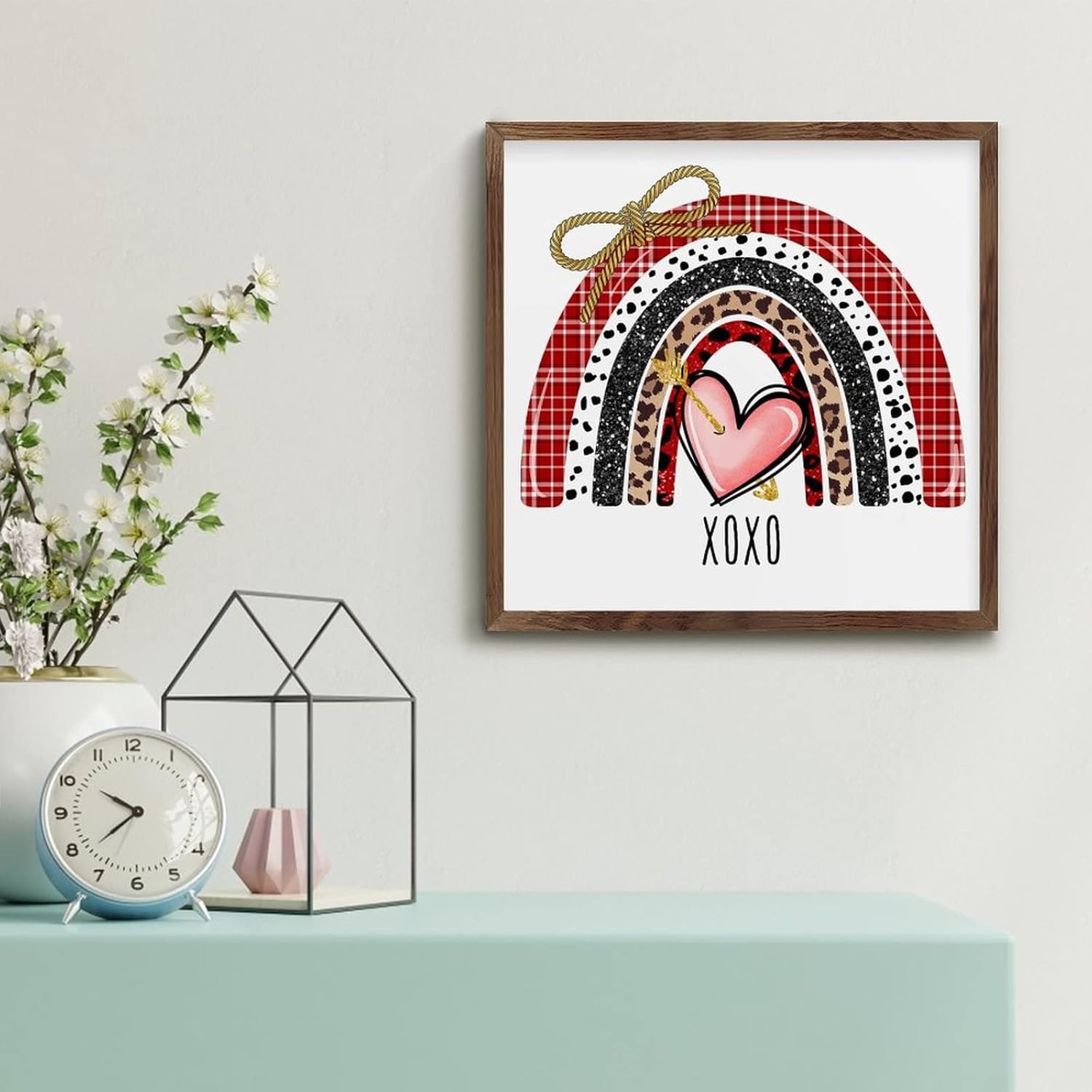 Romantic Heart Rainbow XOXO Framed Wood Wall Sign Home Decor
