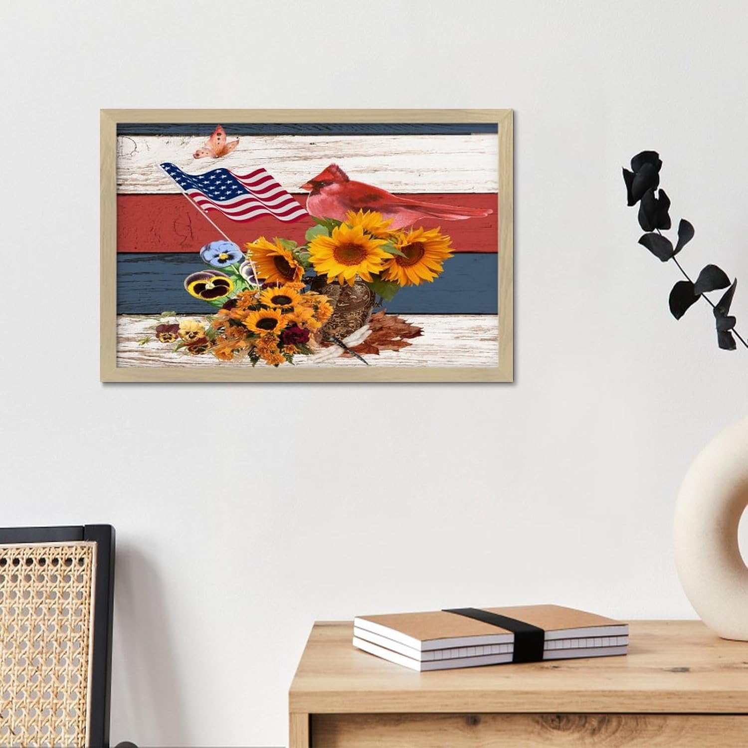4th of July Patriotic Sunflower Cardinal Framed Wooden Sign 8x12in