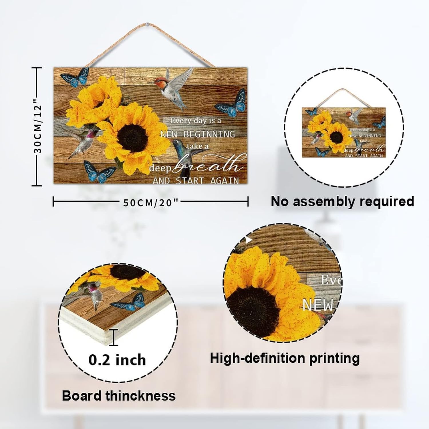 TEANFUN 12x20 Inch Rustic Wood Hummingbird Sign
