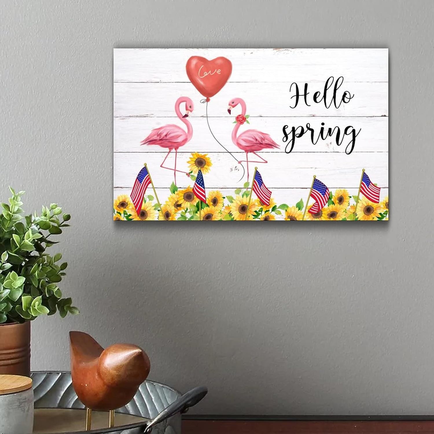 Wooden Flamingo Happy Life Sunflower Wall Hanging