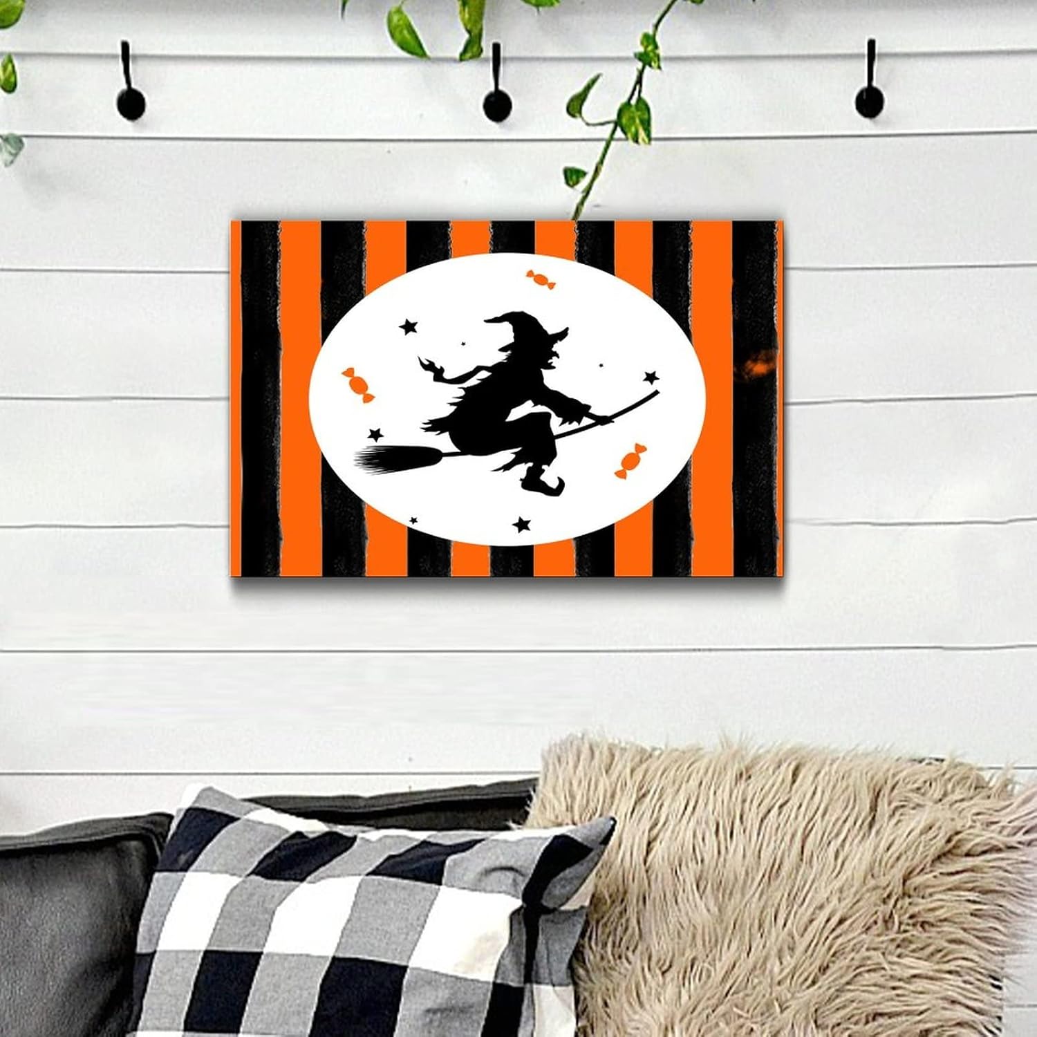 Happy Halloween Wood Plaque with Orange Black Pumpkins and Cat Witch