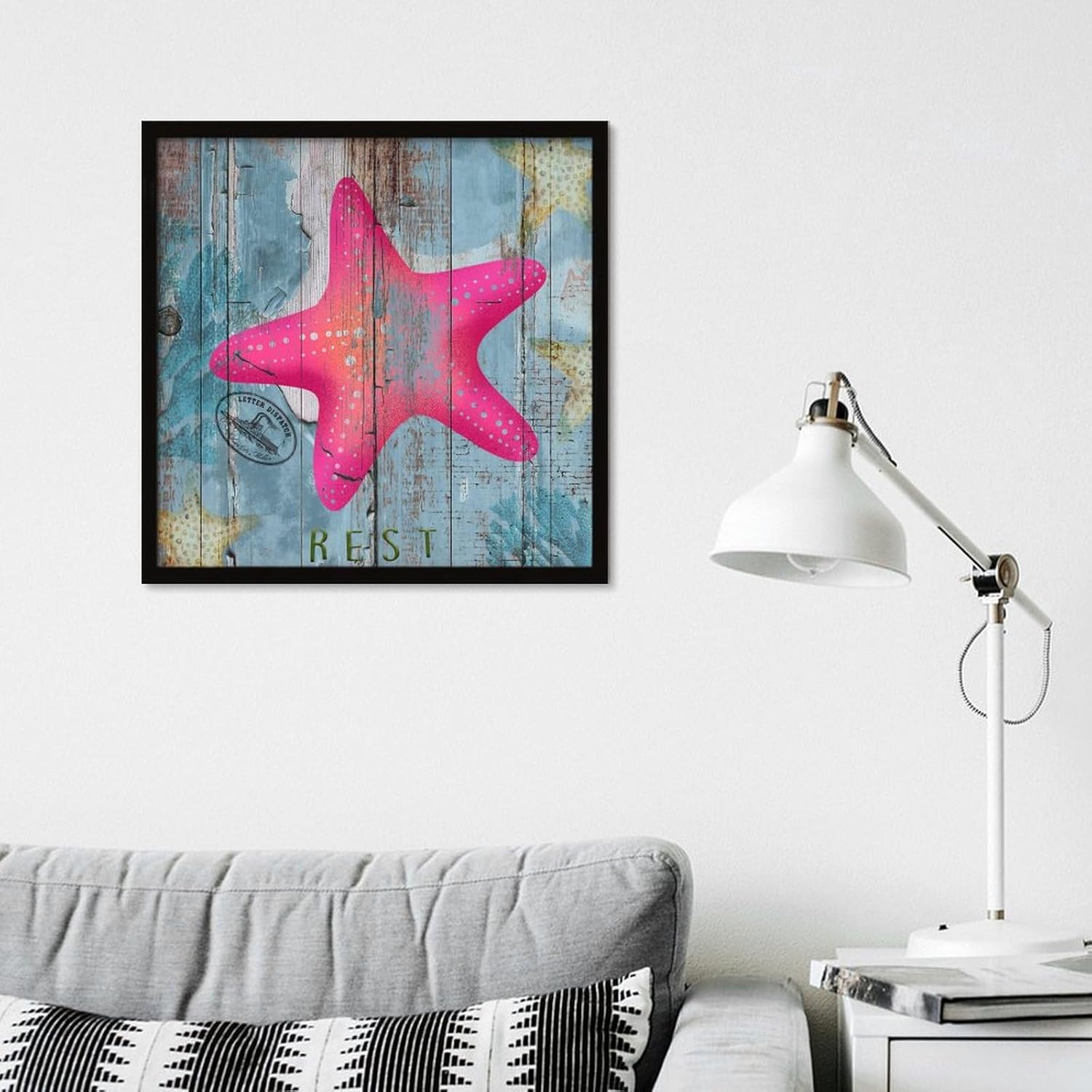 Hanging Wood Framed Wall Decor Sign Starfish Nautical Theme