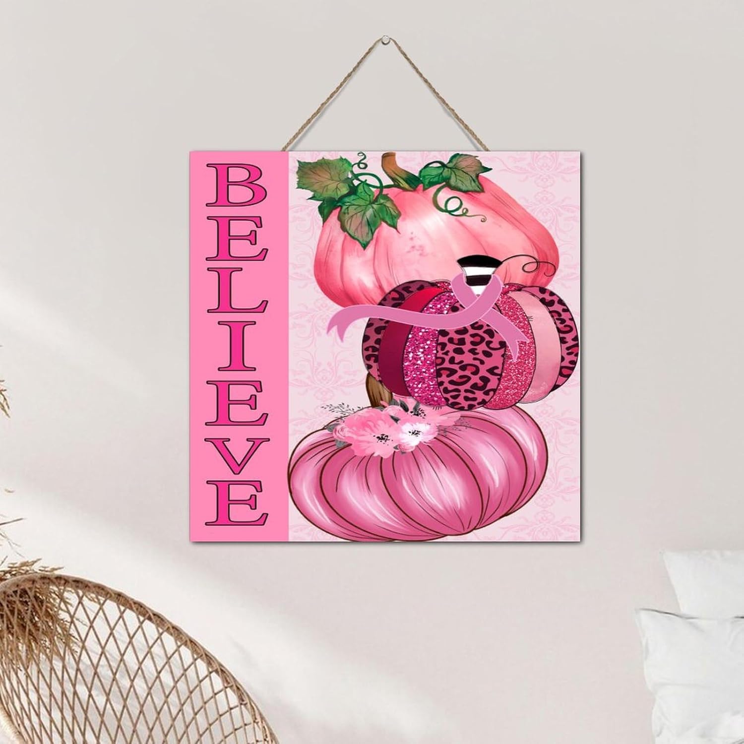 Believe Breast Cancer Awareness Farmhouse Wall Decor Wooden Sign 12x12