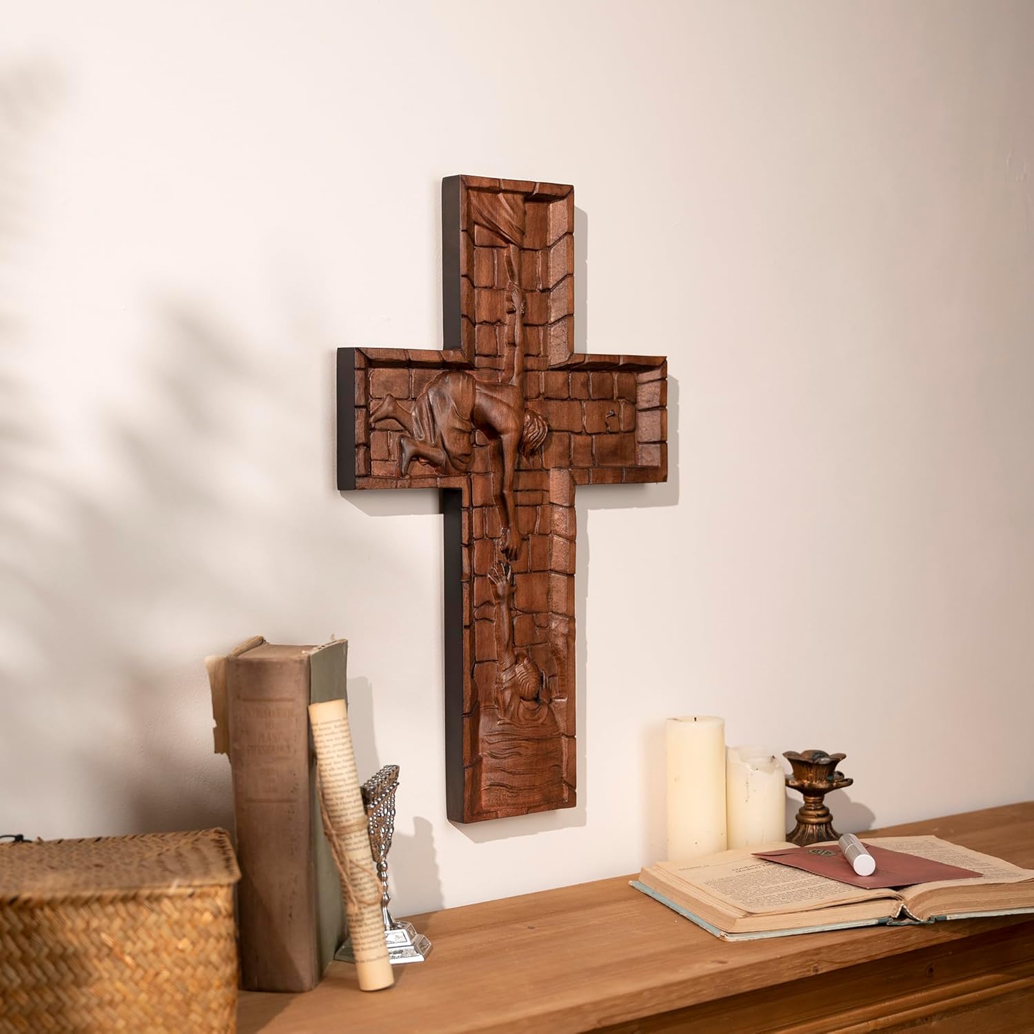 BGCOPPER 10 Inch Wooden Wall Cross with Hook