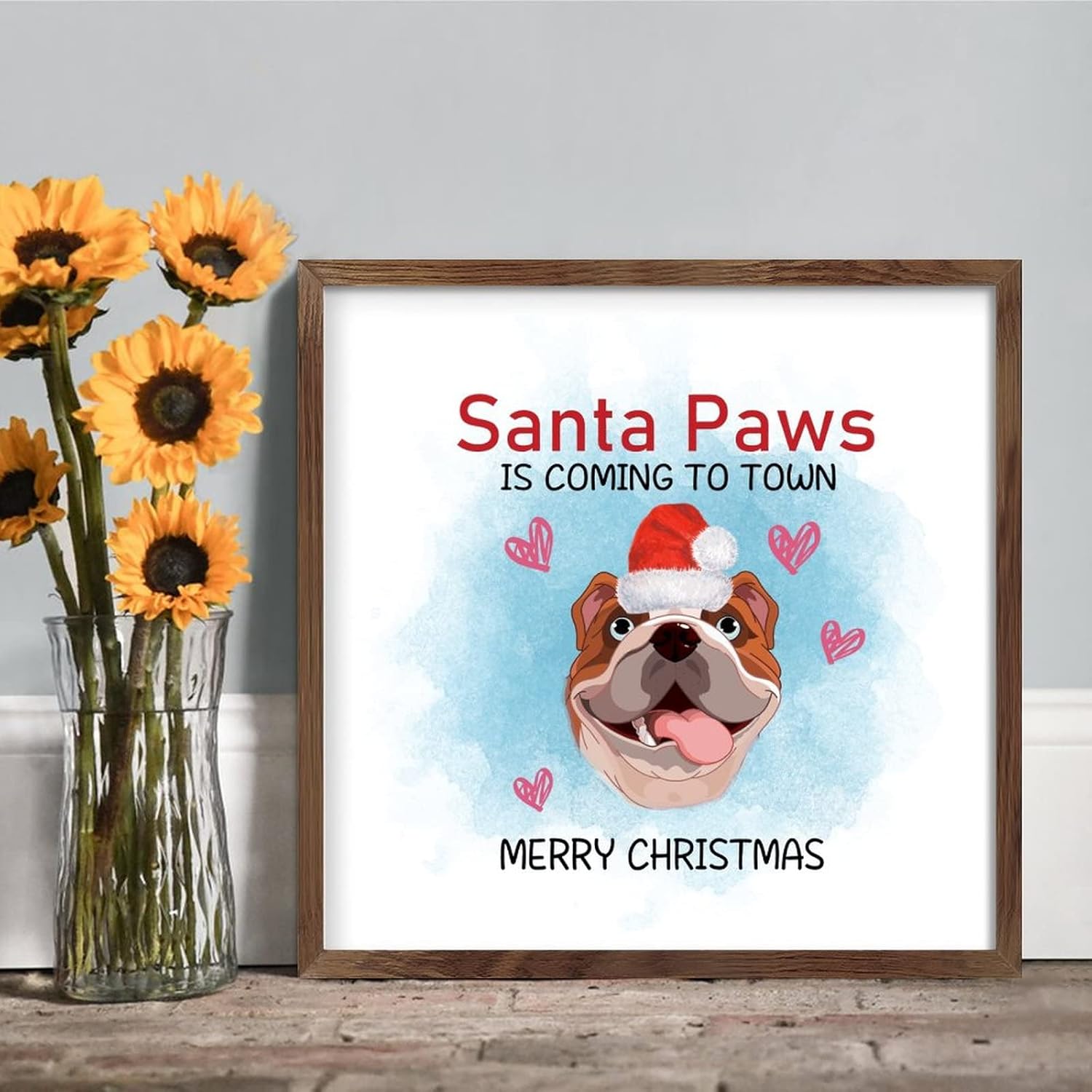 Christmas Dog Santa Hat Rustic Farmhouse Wall Sign 12x12