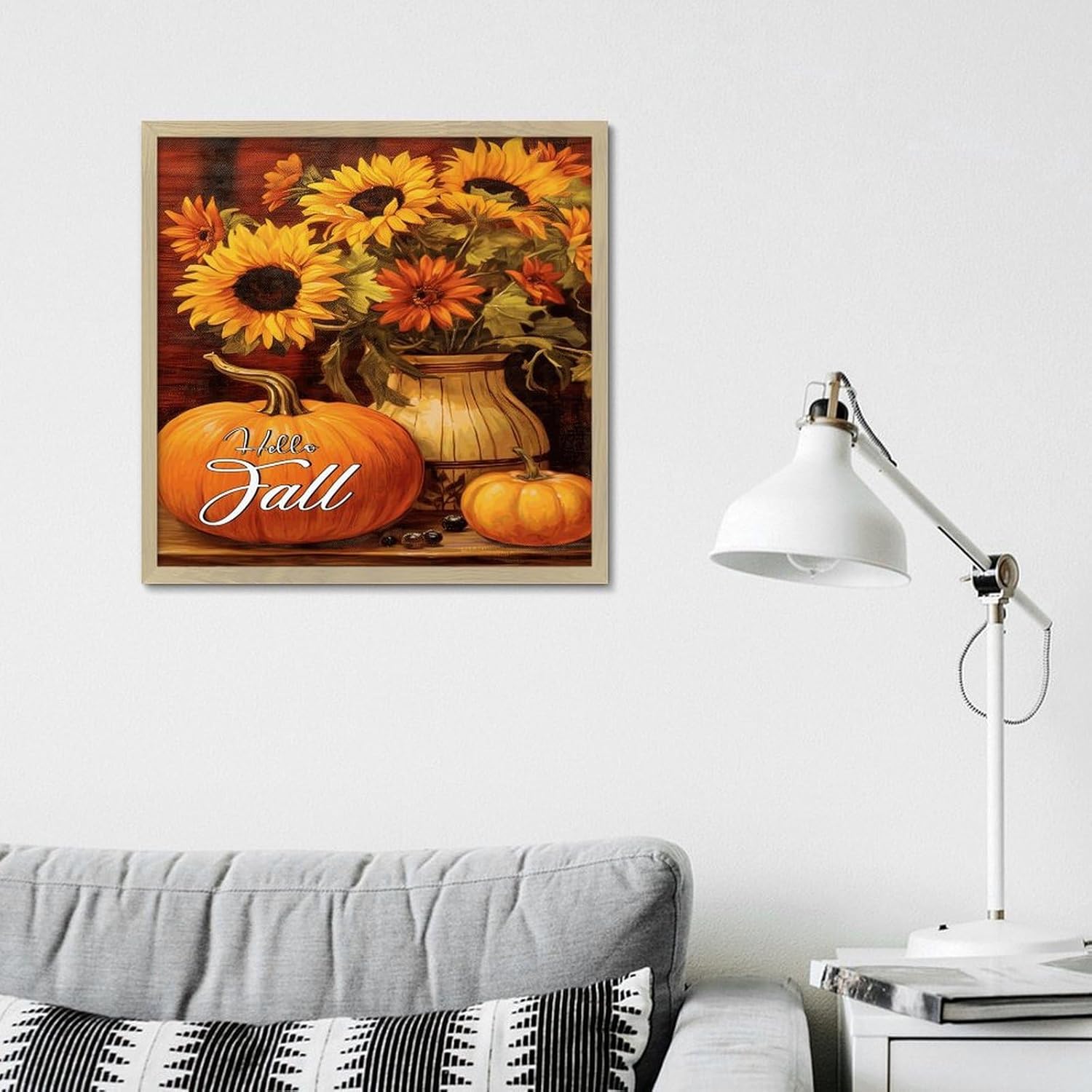 Hello Fall Rustic Framed Wall Art 12x12in Wood Sign with Sayings