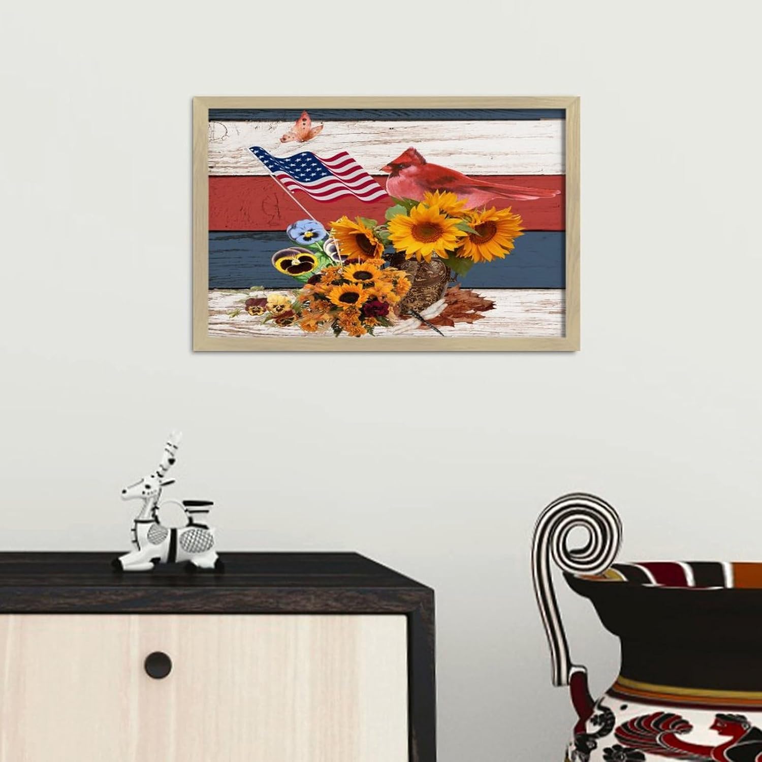 4th of July Patriotic Sunflower Cardinal Framed Wooden Sign 8x12in