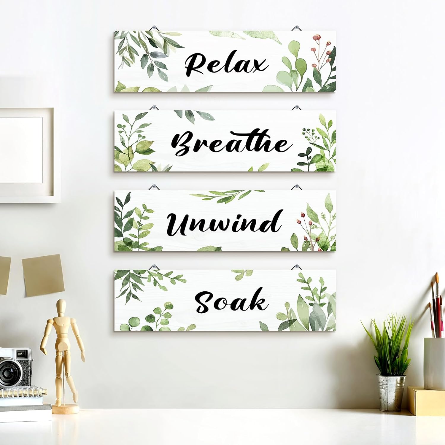 Decalmile 4 Piece Green Leaf Wooden Wall Art Decor