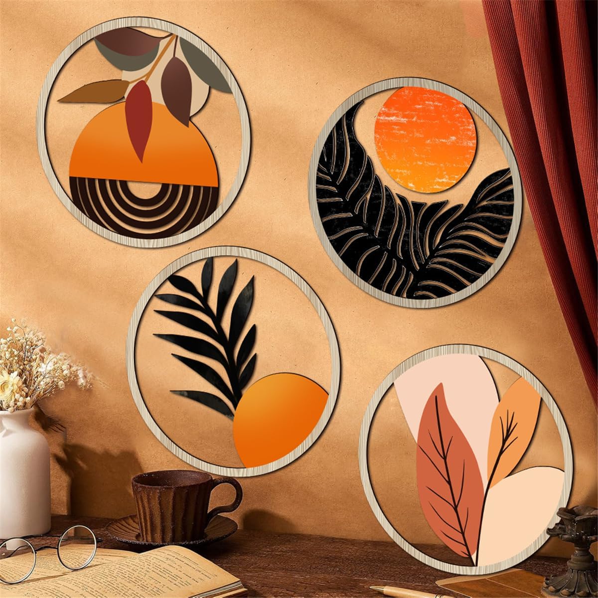 Boho Wall Art Decor 4PCS Round Wooden Sculptures Orange