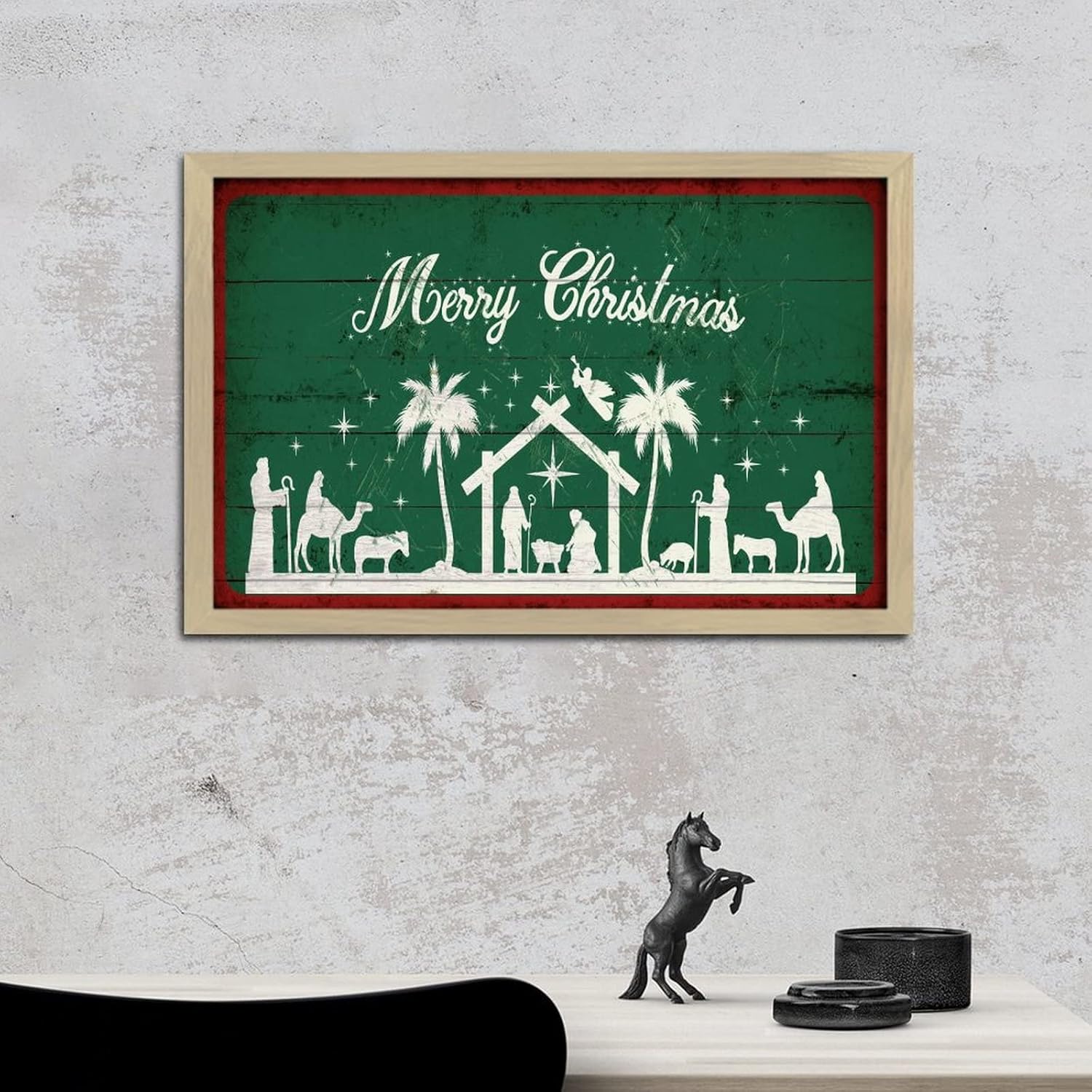 Merry Christmas Wall Art Framed Wooden Sign Retro Decor
