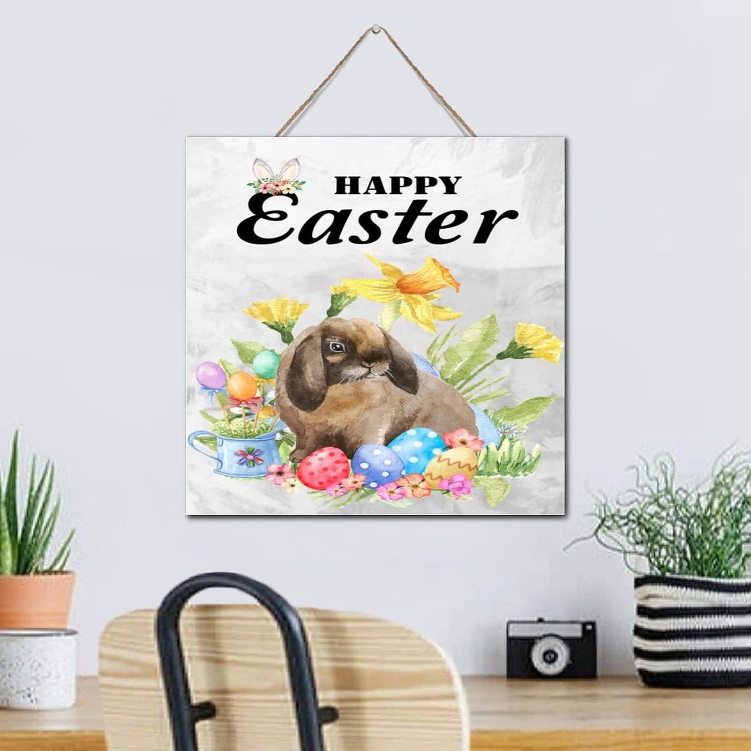 Autravelco Rustic Wood Easter Bunny Sign 12x12 Inch