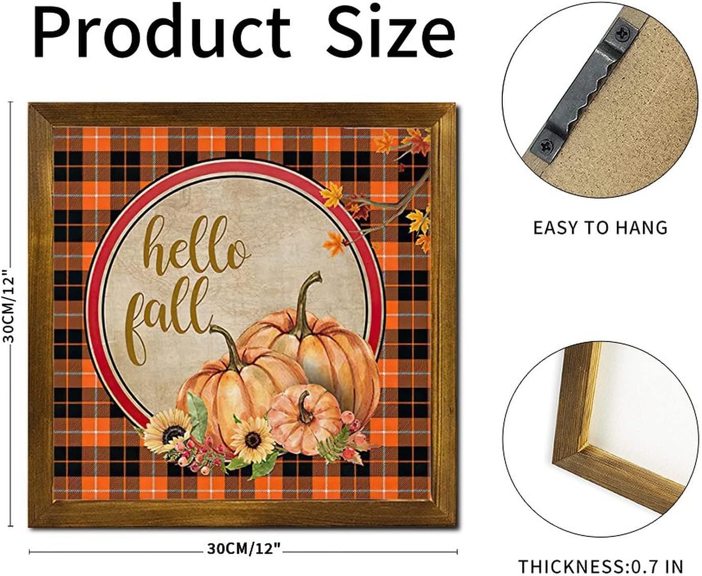 Hello Fall Buffalo Plaid Pumpkin Framed Wood Sign 12x12