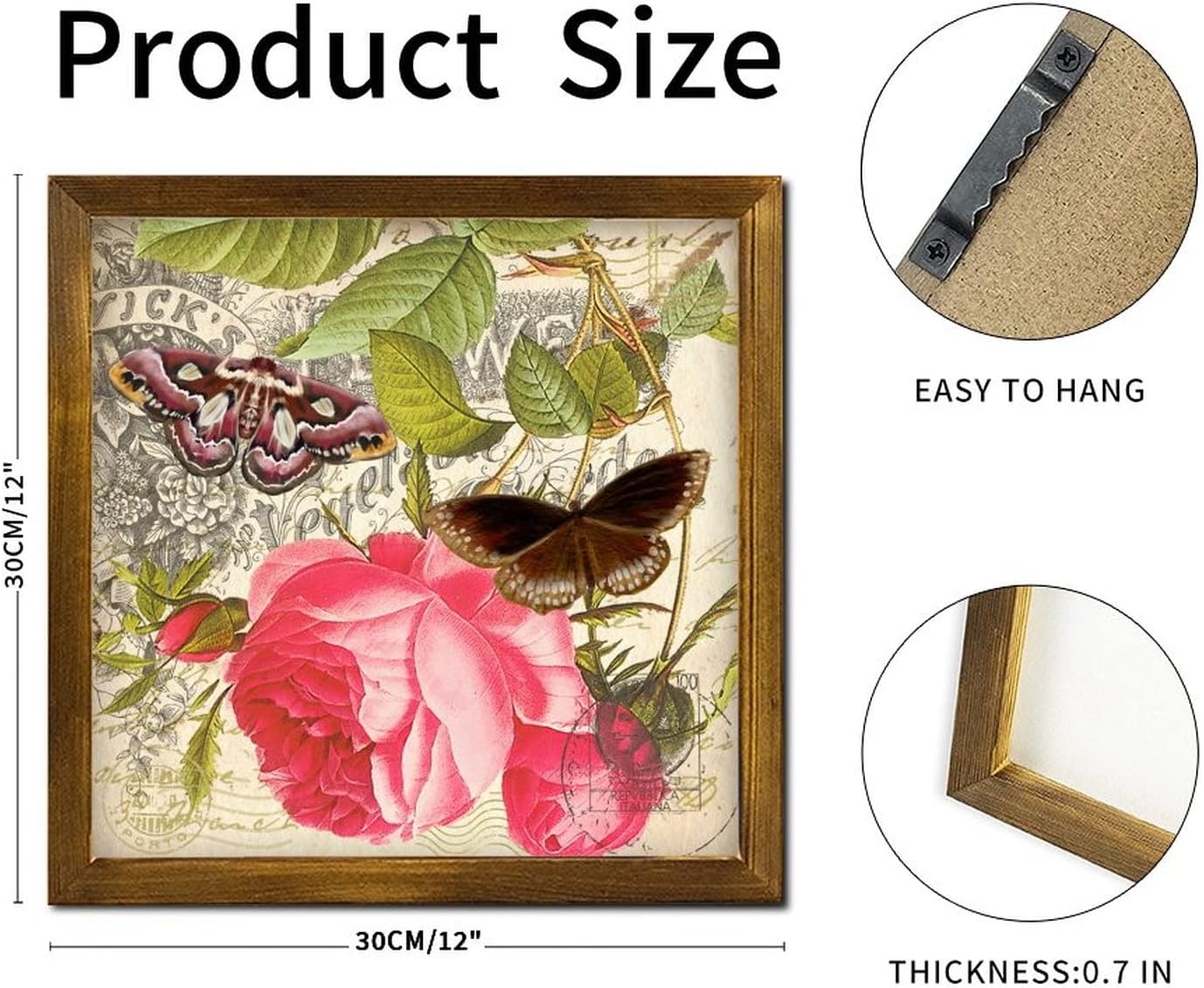 French Brown Butterfly Rose Wooden Framed Wall Sign 12x12 Inch