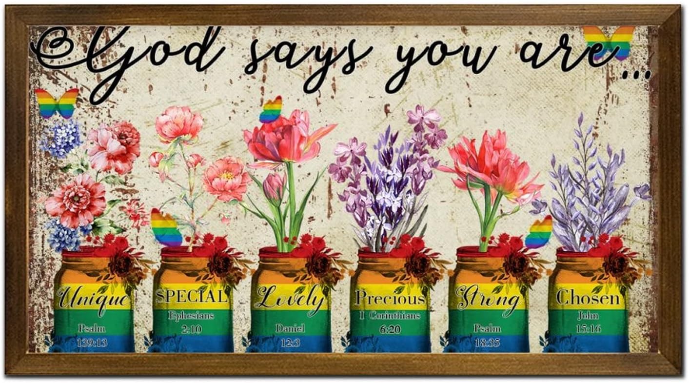 LGBTQ Pride Framed Wood Sign God Says You Are 12x22 In