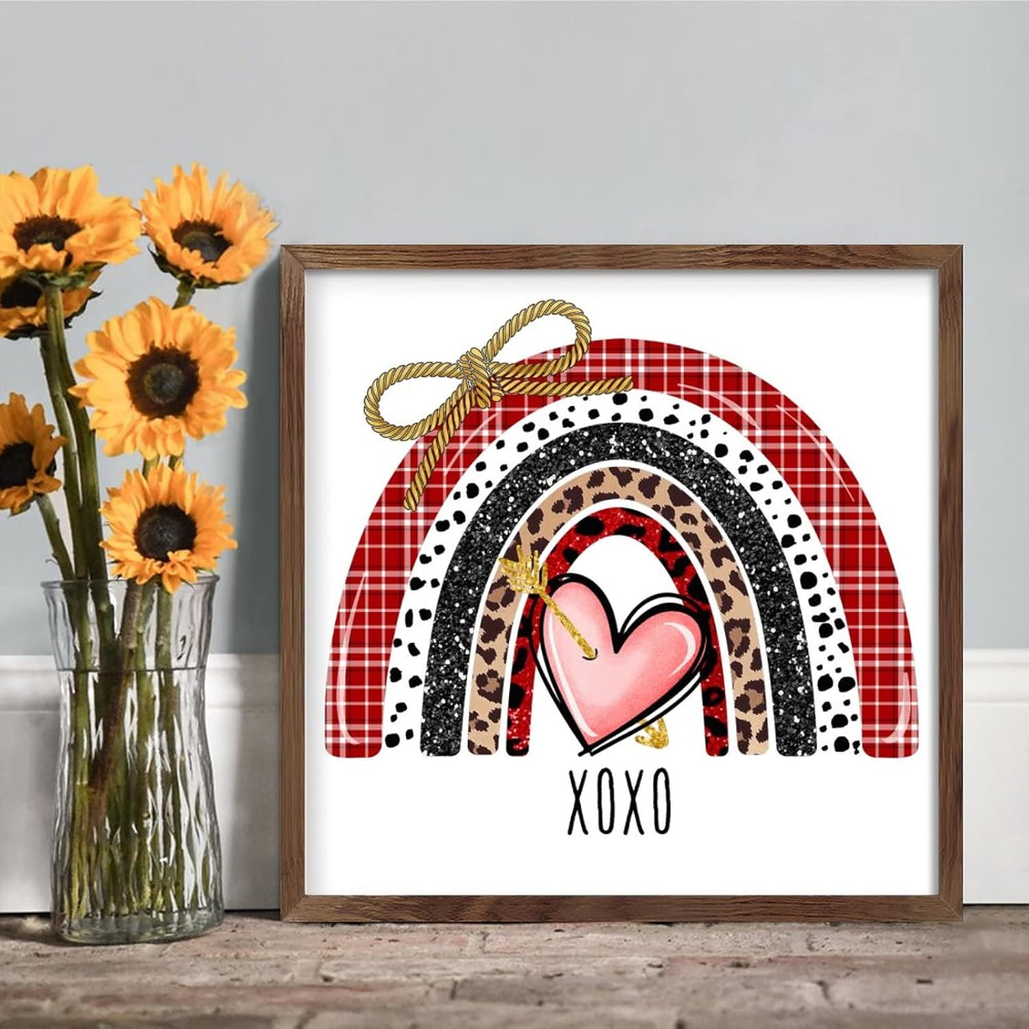 Romantic Heart Rainbow XOXO Framed Wood Wall Sign Home Decor